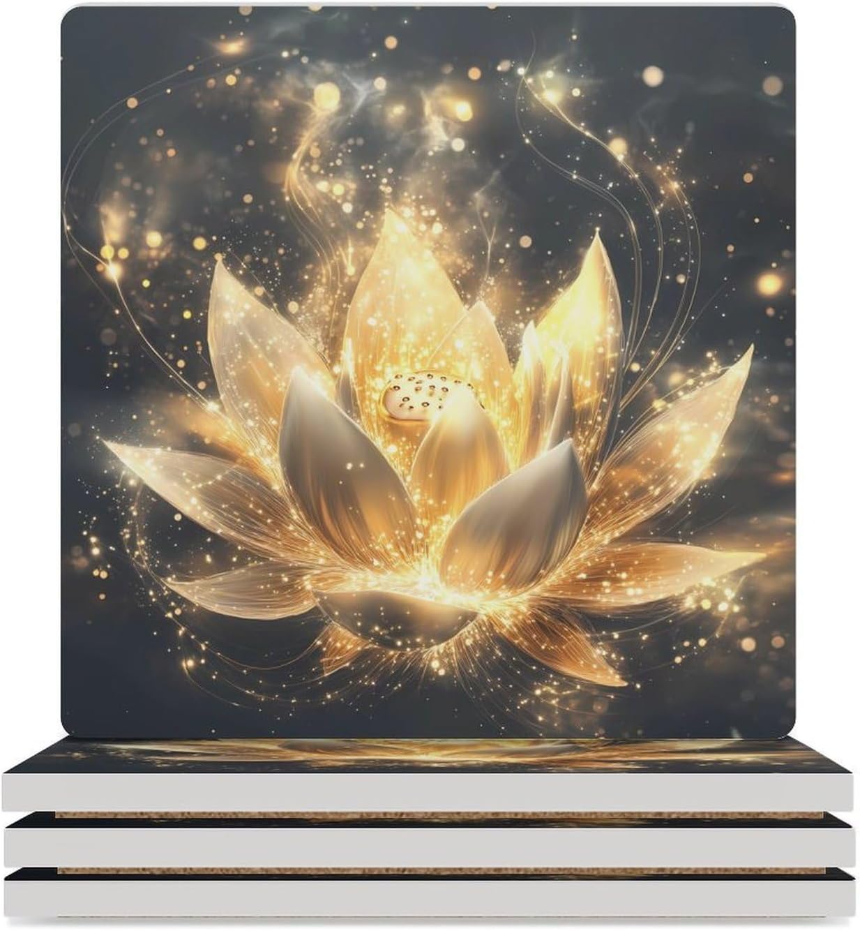 Gold Luminous Lotuses Floral Ceramic Coasters Square Drinks Coaster Coffee Table Decor Table Coaster for Home Bar