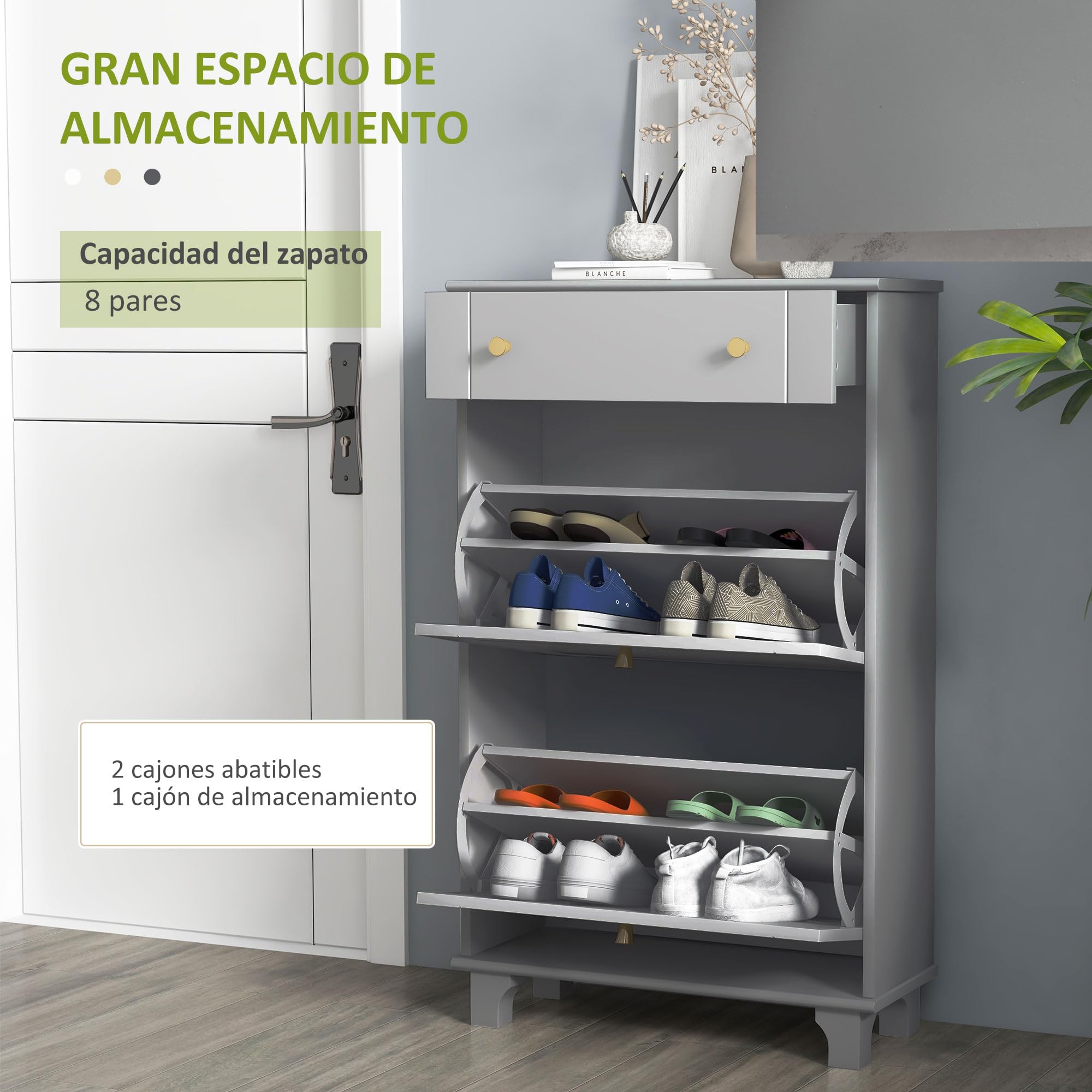 HOMCOM Scarpiera stretta scarpiera ingresso corridoio con 2 cassetti pieghevoli e 1 cassetto estraibile per 8 paia di scarpe per corridoio 60 x 23,5 x 98,5 cm grigio