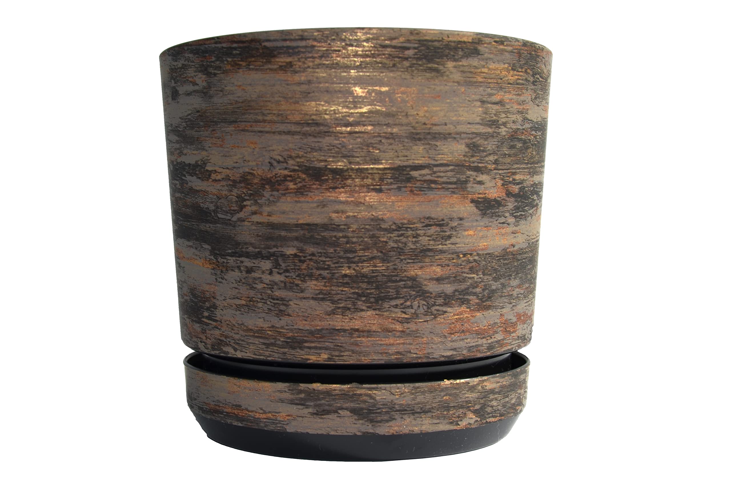 KERD Très Grand Pot de Fleurs d'Intérieur Décoratif 32 cm, Style Rustique Couleur Écorce Rouille, Effet Bois Naturel pour Plantes, Rond avec Soucoupe, Fabriqué en Europe, Plastique Recyclé
