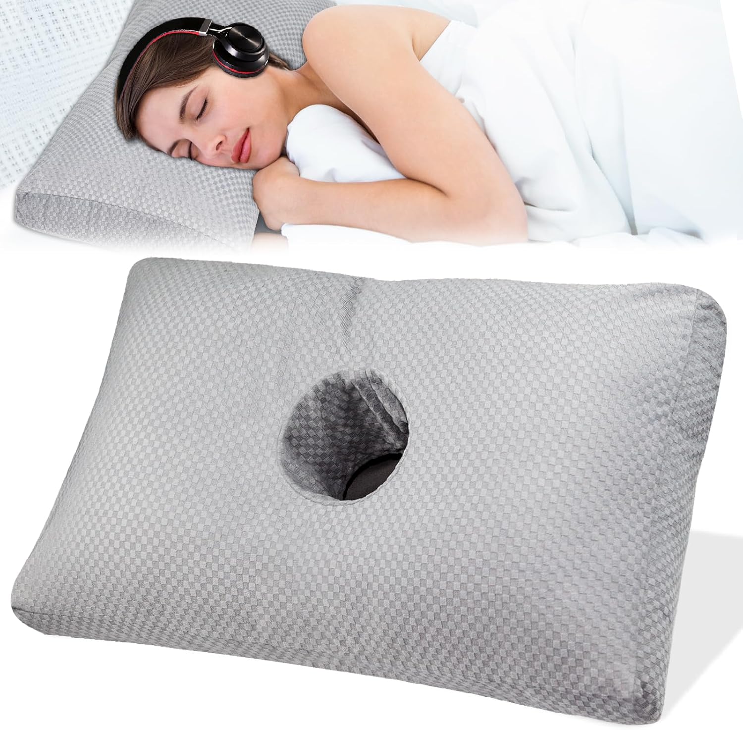 Ear Piercing Pillow for Side Sleepers with a Big Hole, Adjustable Height Ear Pillows for Ear Pain CNH, Pain Relief Sleeping, Skin-Friendly & Washable Pillowcase (20 x 13 x 4.5 inches - Gray)