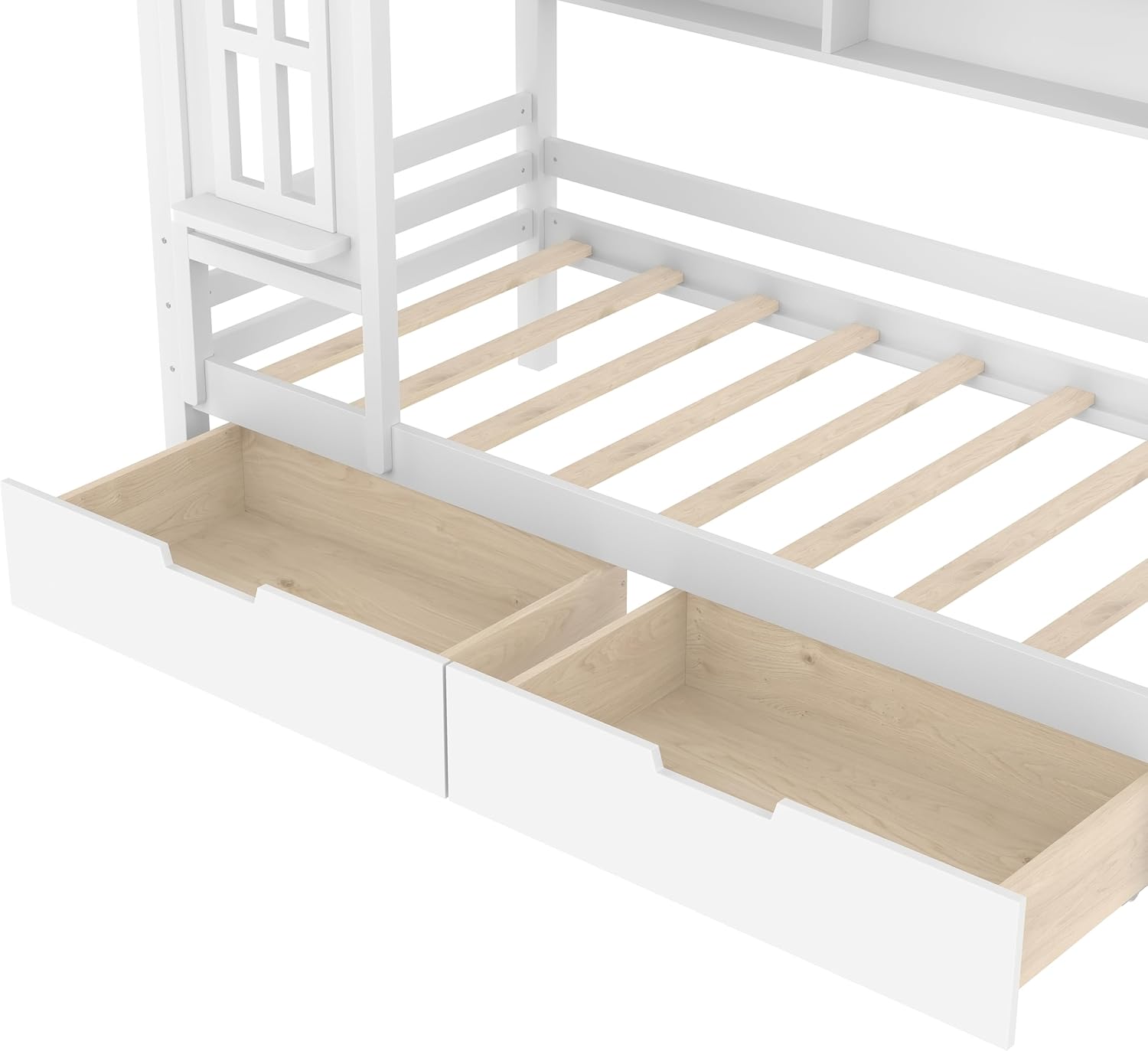 Twin House Bed with Drawers and Window, Solid Wood House Platform Bed with Shelves, Twin Bed Frame with House-shaped Roof for Kids, Boys, Girls, No Box Spring Needed and Childlike Design, White