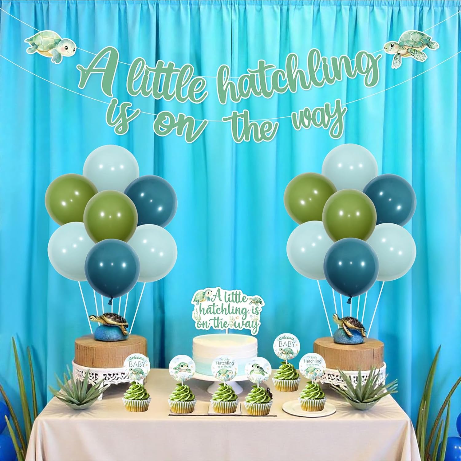 Jollyboom Sea Turtle Baby Shower Decoration Boy, A Little Hatchling is on The Way Backdrop Banner Cake Cupcake Topper Balloons for Sea Turtle Under the Sea Ocean Animal Baby Shower Decorations
