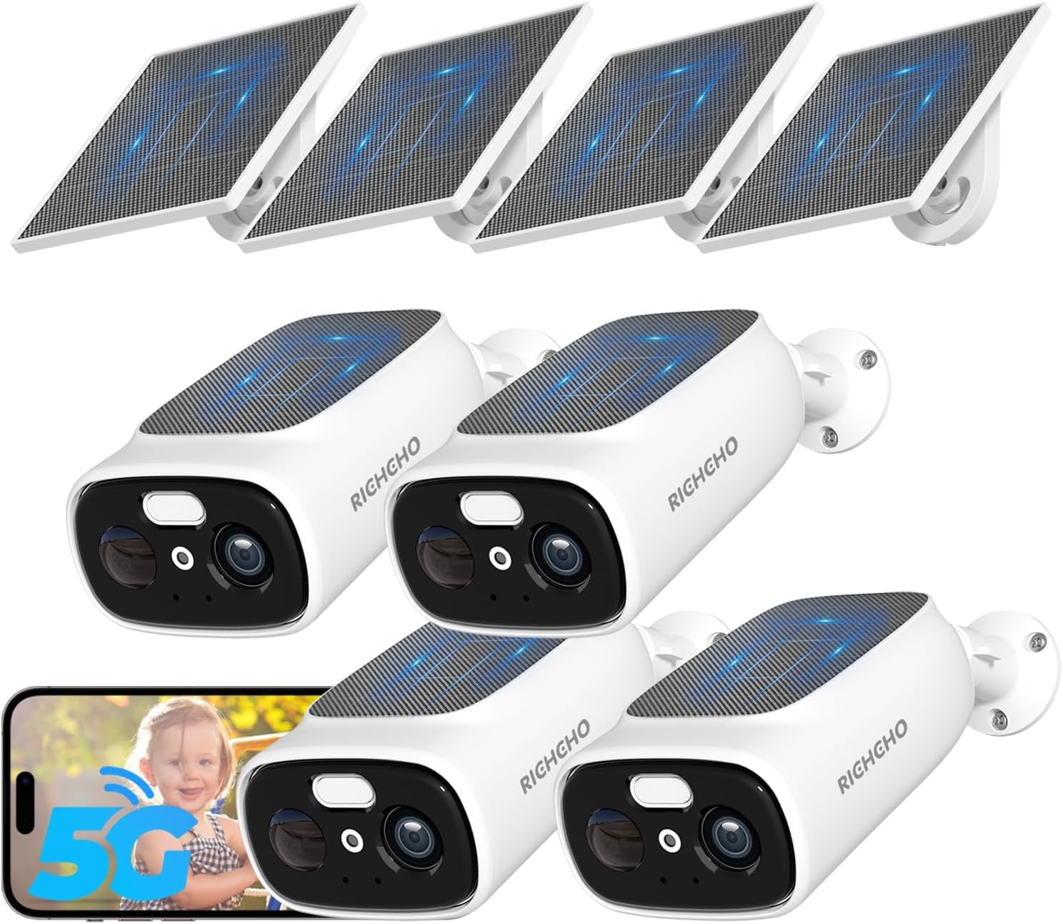 4pc 2.4/5GHz Solar Security Cameras Wireless Outdoor
