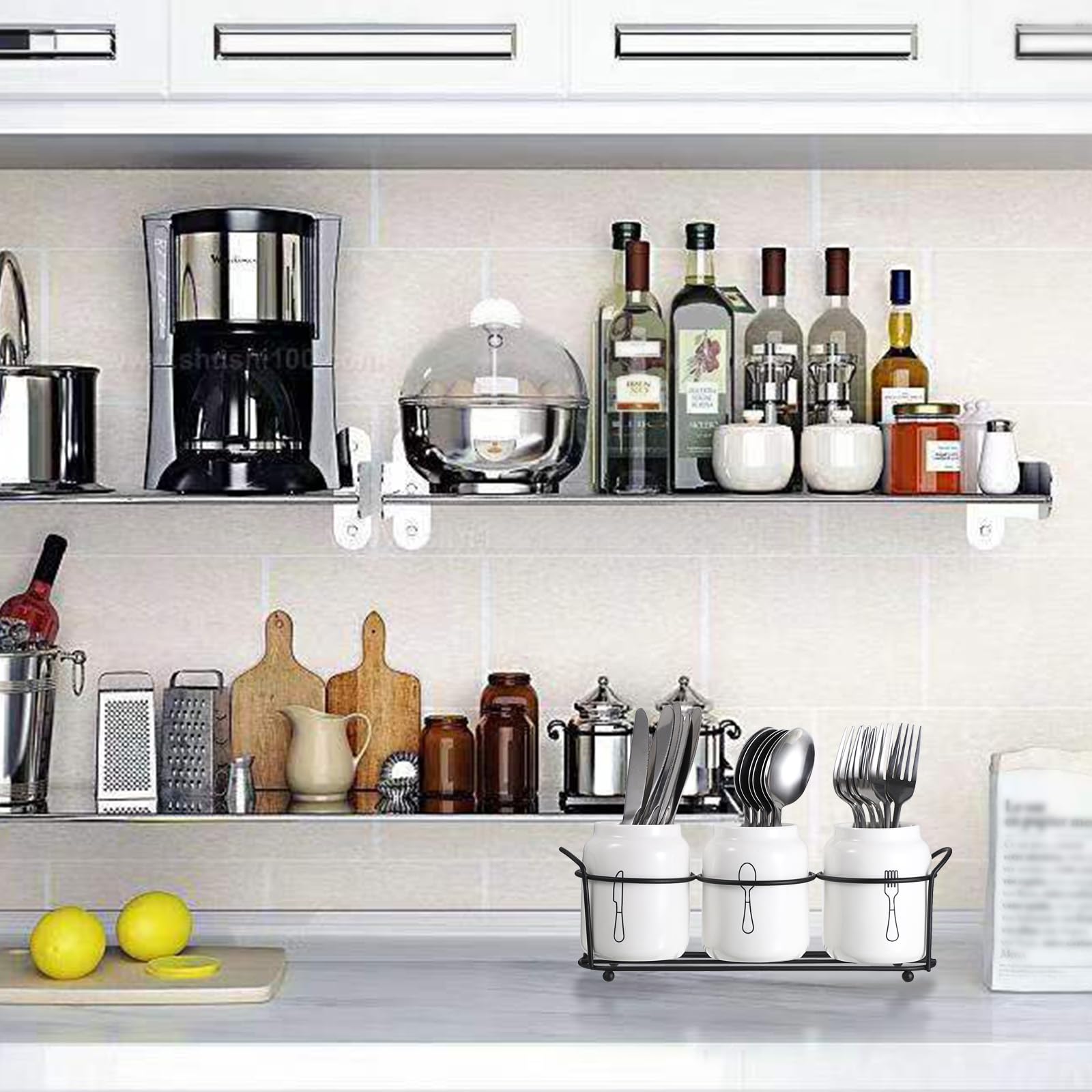 SUMNACON Portaposate in Ceramica, 3 Pezzi, Supporto per Cucchiai, Organizer da Cucina, Armadio da Cucina, Bianco