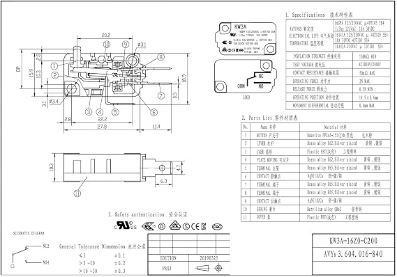 Meter Star KW3A Microwave Oven Door Switch 16A 125/250V Door Interloc 2pc Normally Open & 2pc 3 Insert Foot/Pack of 4