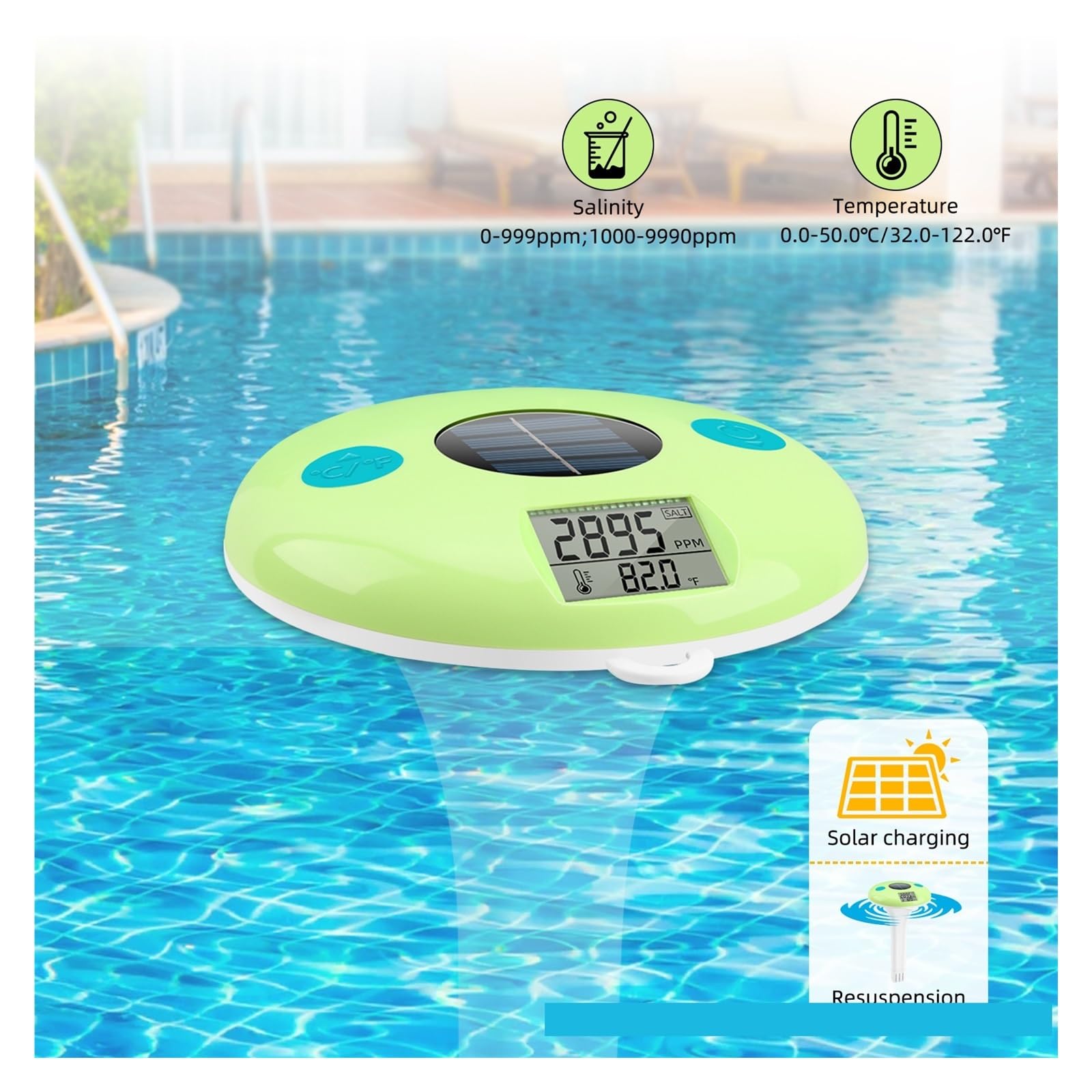 Probador de Agua, Probador de Calidad del Agua Temperatura y Sal 2 en 1 con energía Solar, Monitor salinidad Flotante