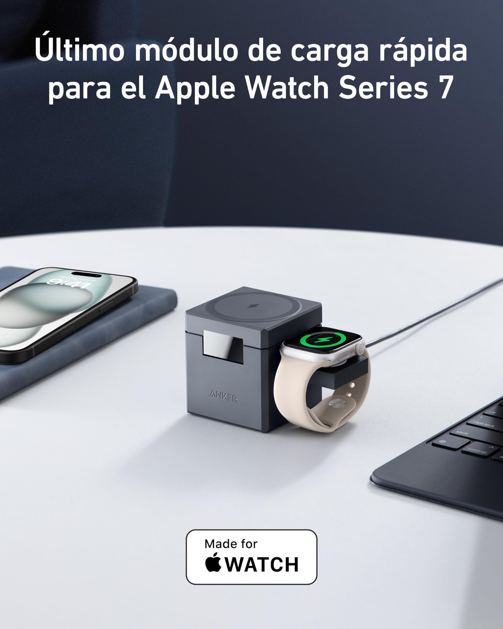 Anker MagGo Cargador Inalambrico iPhone Cubo 3 en 1 con MagSafe 15W, Potencia de Carga Máxima Inalámbrica, Compatible con iPhone 17/16/15/14/13 Air Series, Apple Watch Serie, y AirPods Pro
