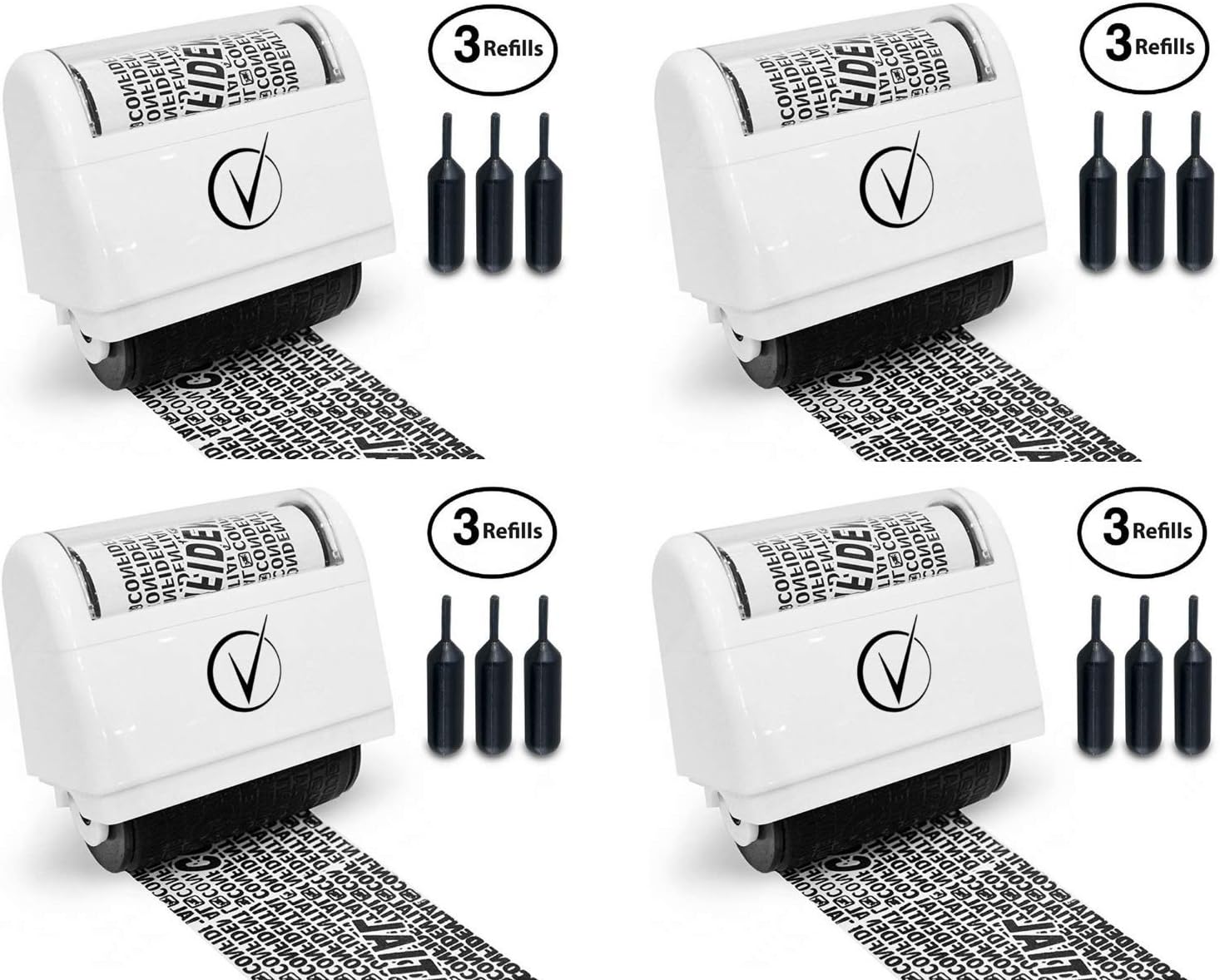 Vantamo Identity Protection Roller Stamps Wide Kit, Including 3-Pack Refills - Designed for Secure Confidential ID Blackout Security, Anti Theft and Privacy Safety (4-Pack White)