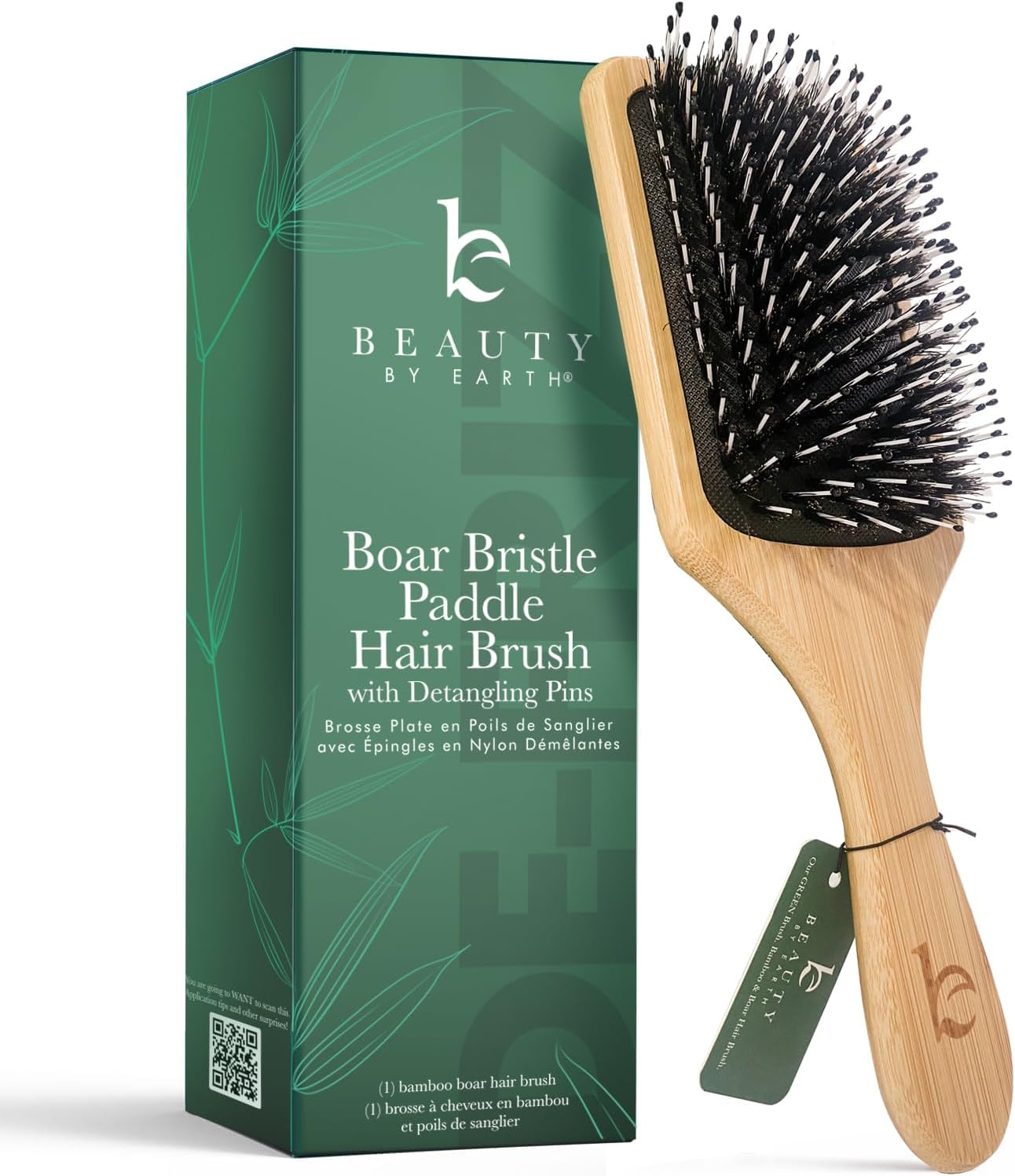 Boar Bristle Paddle Hair Brush - Smoothing Wood Brush for Thick, Curly & Wavy Hair, Detangling Natural Bristles for Women, Stimulates Scalp