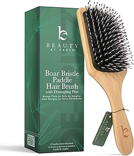 Boar Bristle Paddle Hair Brush - Smoothing Wood Brush for Thick, Curly & Wavy Hair, Detangling Natural Bristles for Women, Stimulates Scalp