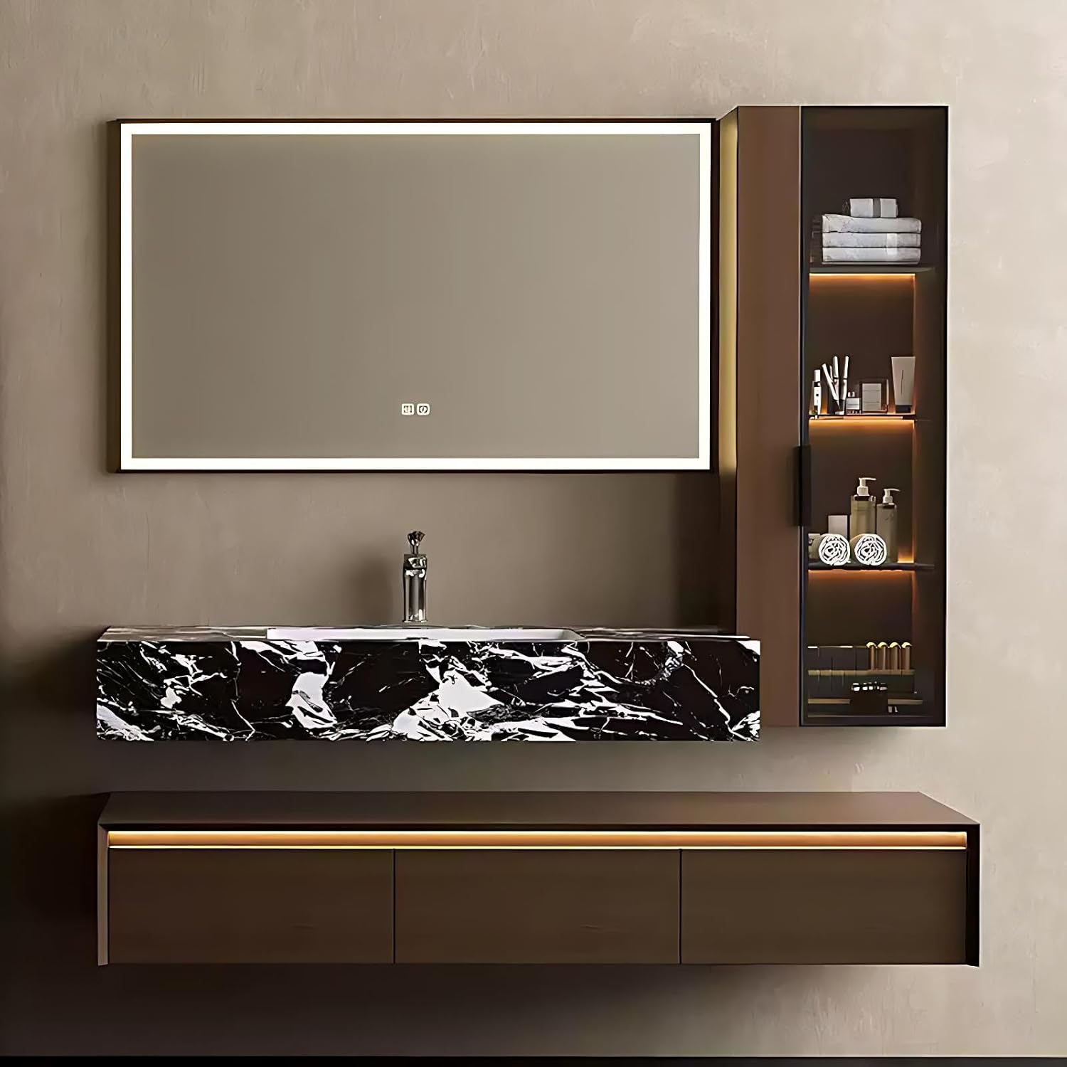 52IN Bathroom Vanity with Sink – Bathroom Sink Cabinet LED Anti-Fog Mirror, 3 Drawers, Solid Wood with Waterproof Finish, Complete Accessories, Fully Assembled, Wood