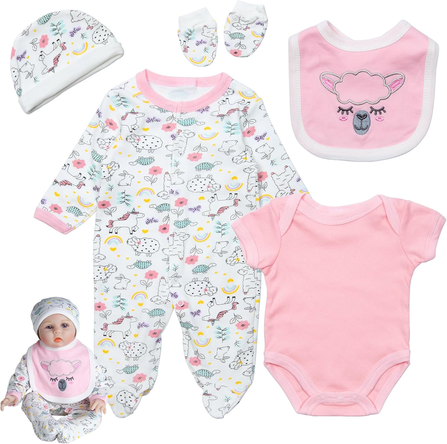 Reborn Baby Dolls Clothes Girl Pink Animal Theme Outfit Accessories 5 Pcs Set for 17-22 Inch Newborn Baby Girl Reborn Dolls Clothes