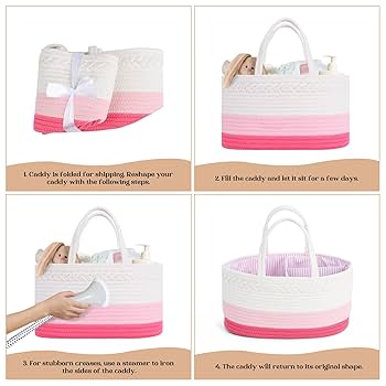 AUNHUIT Baby Nappy Caddy Organiser Pink, Multifunctional Large Nappy Caddy Nursery Storage Basket Portable Car Organizer W/Removable Compartments Hanging Boy Girl Shower Gift Basket