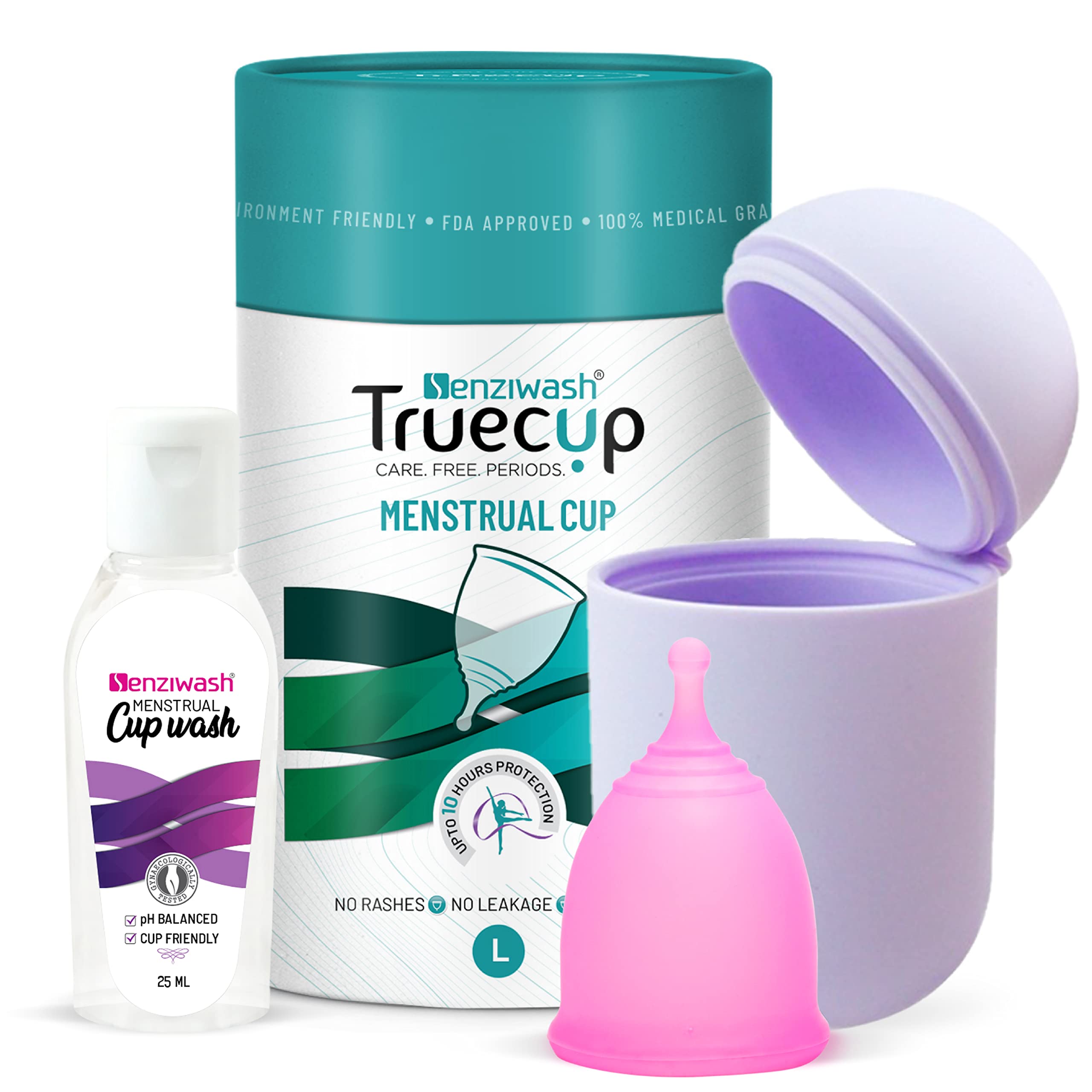 Senziwash Sterilizer Case & Truecup Reusable Menstrual Cup With Cupwash For Women|Portable Cleaning Container & Microwave Steamer (Large Combo(Lavender)),3 Count