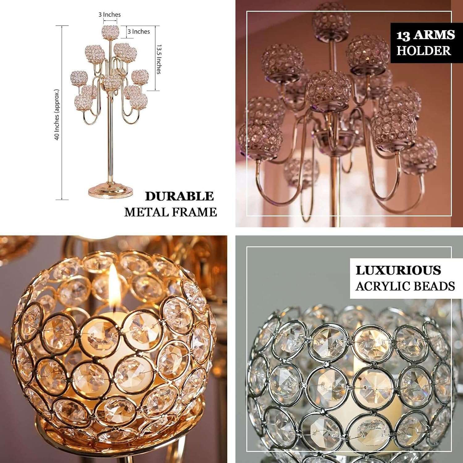 Efavormart 40" Tall 13 Arm Gold Metal Crystal Beaded Candelabra Centerpiece, Luxury Goblet Votive Candle Holder for Weddings, Gala Events, and Grand Receptions
