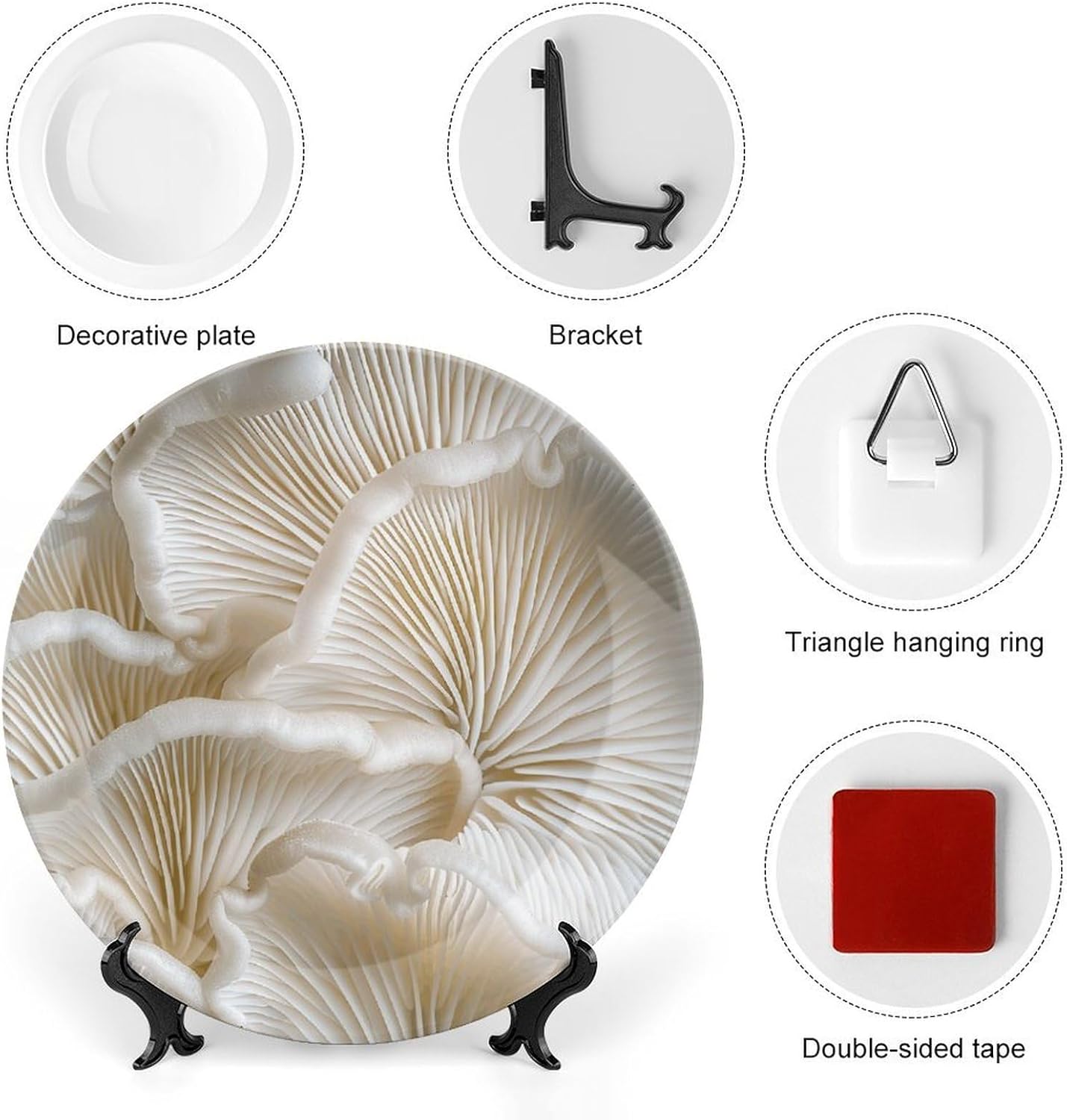 White Oyster Mushrooms Ceramic Decorative Plate for Office Decor, Chinese Style Decorative Dish with Stand, Dinner Dish Decorative Plates for Wall Hanging Bone Collections Plates 10inch
