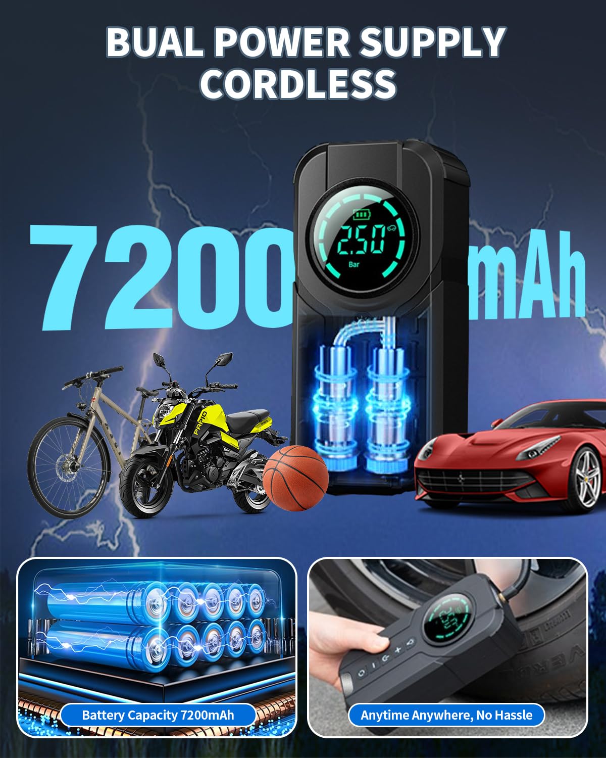 VICKSONGS Elektryczna pompka rowerowa, 7200 mAh, sprężarka rowerowa, 180 psi, do samochodu, roweru, motocykla, koszykówki