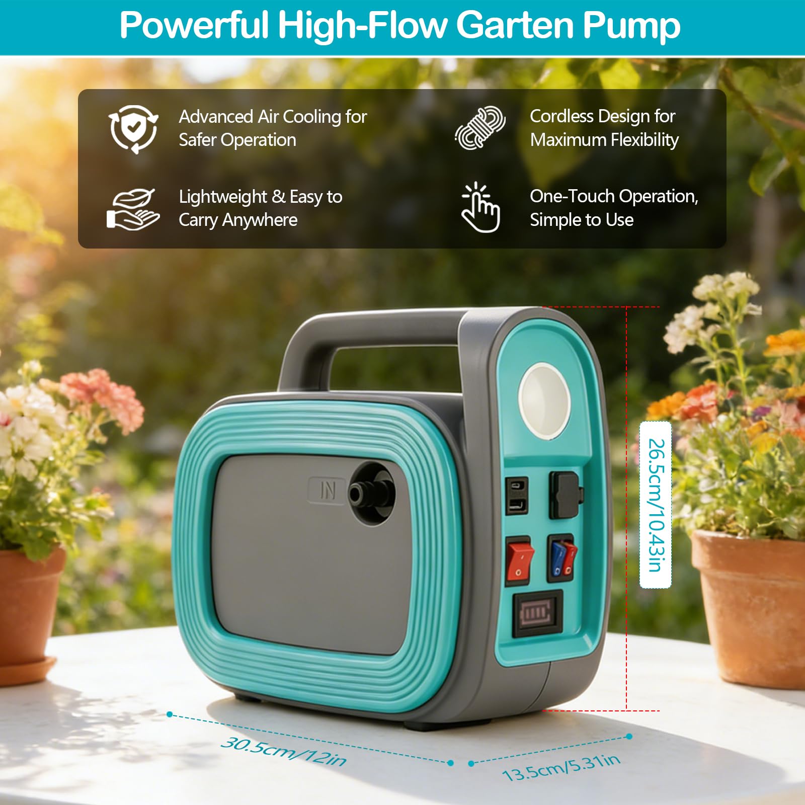 Pompe à Eau Sans Fil 12000 mAh, Pompe Auto-Amorçante Portable (Hauteur de Refoulement 2,5 m), Pompe Électrique avec Éclairage LED et Fonction Power Bank, Inclut Tuyaux 10 m et Pistolet d'Arrosage