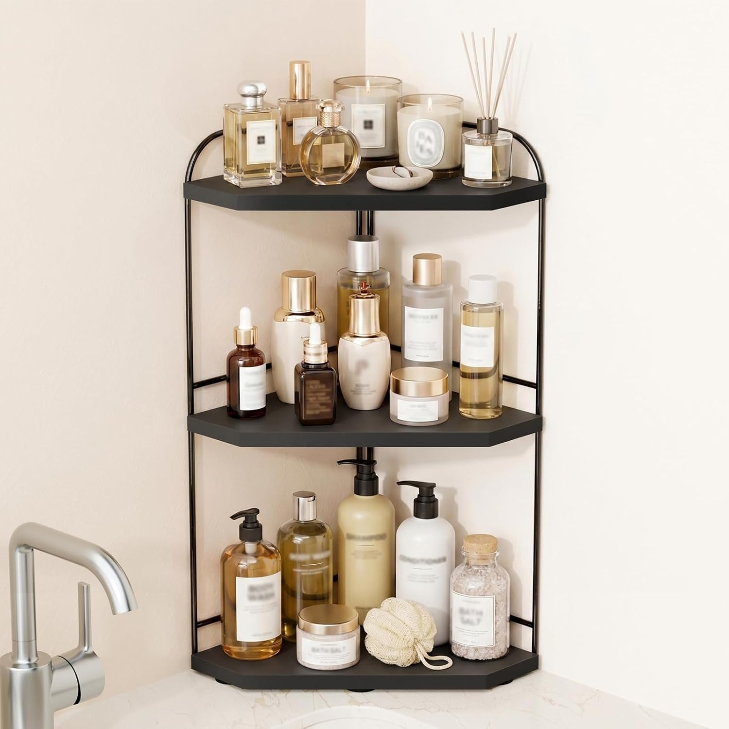 Corner Bathroom Counter Organizer, 3-Tier Wood Countertop Organizer for Perfume, Makeup Storage, Skincare Organizers for Vanity, Counter Corner Shelf for Kitchen, Bathroom, Dresser (Black)