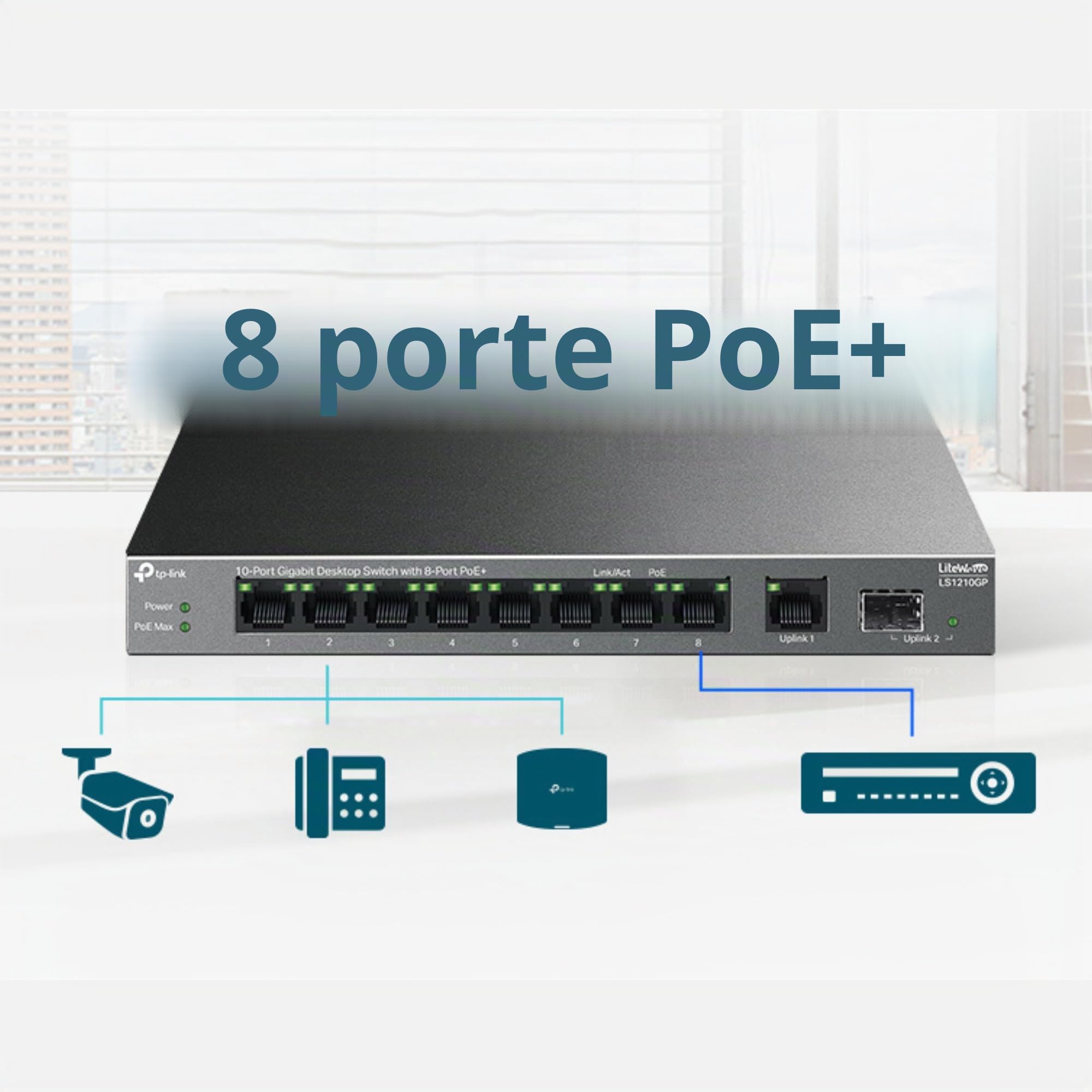 TP-Link Switch Desktop Gigabit a 10 Porte Con PoE+ a 8 Porte, Budget PoE da 61 W, Trasmissione Fino a 250 m, Separazione del Traffico, Plug and Play, Senza Ventola, Custodia