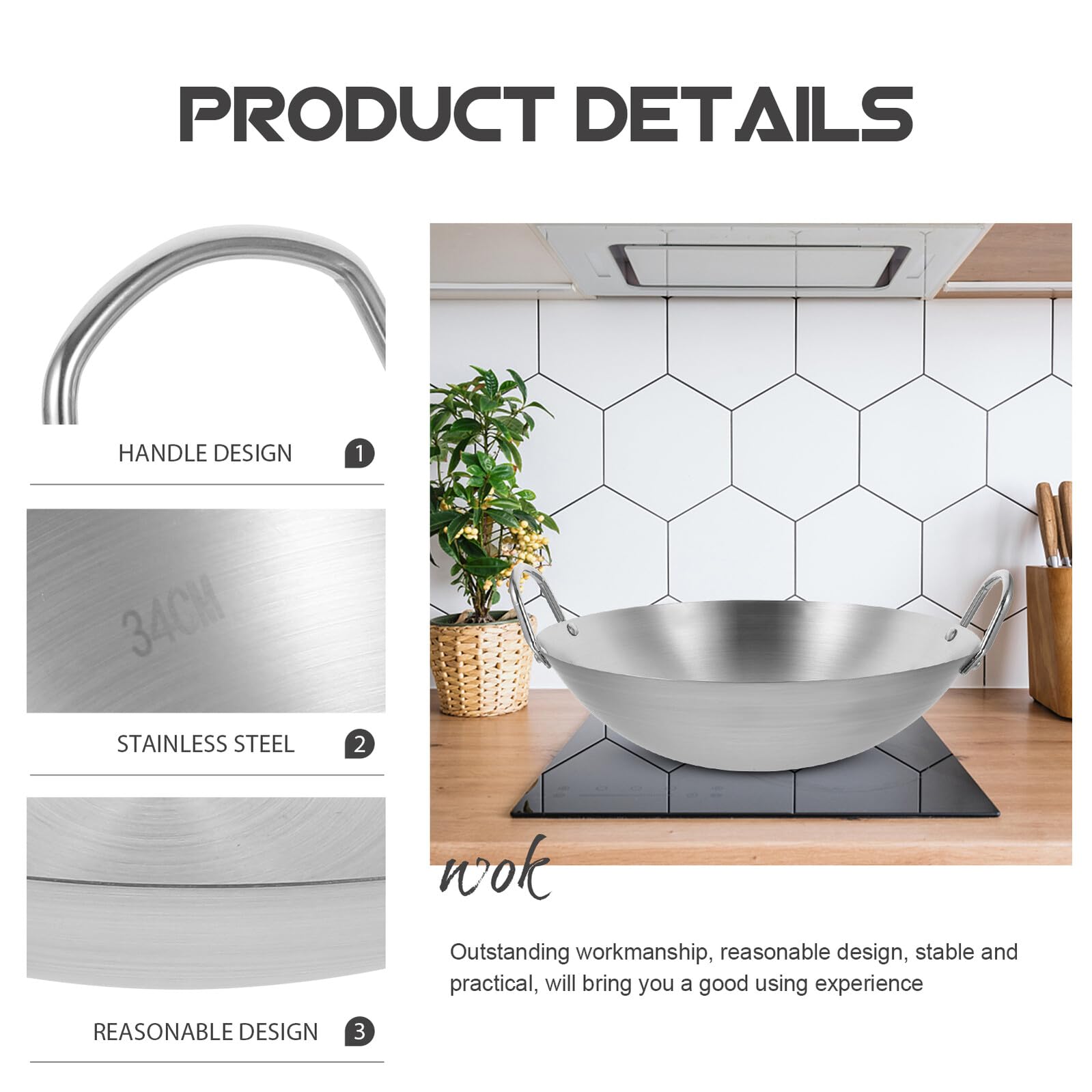 SHINEOFI Poêle à Wok Chinoise en Acier Inoxydable Argentée, Stable | Usage sur Plaque de Cuisson et Flamme Nue, Large Polyvalence, Ustensile Cuisine Domestique
