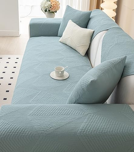 Miniatura 4 de vctops Funda de sofá de estilo granja de color sólido con bordado, funda de sofá seccional acolchada de algodón, funda de sofá lavable