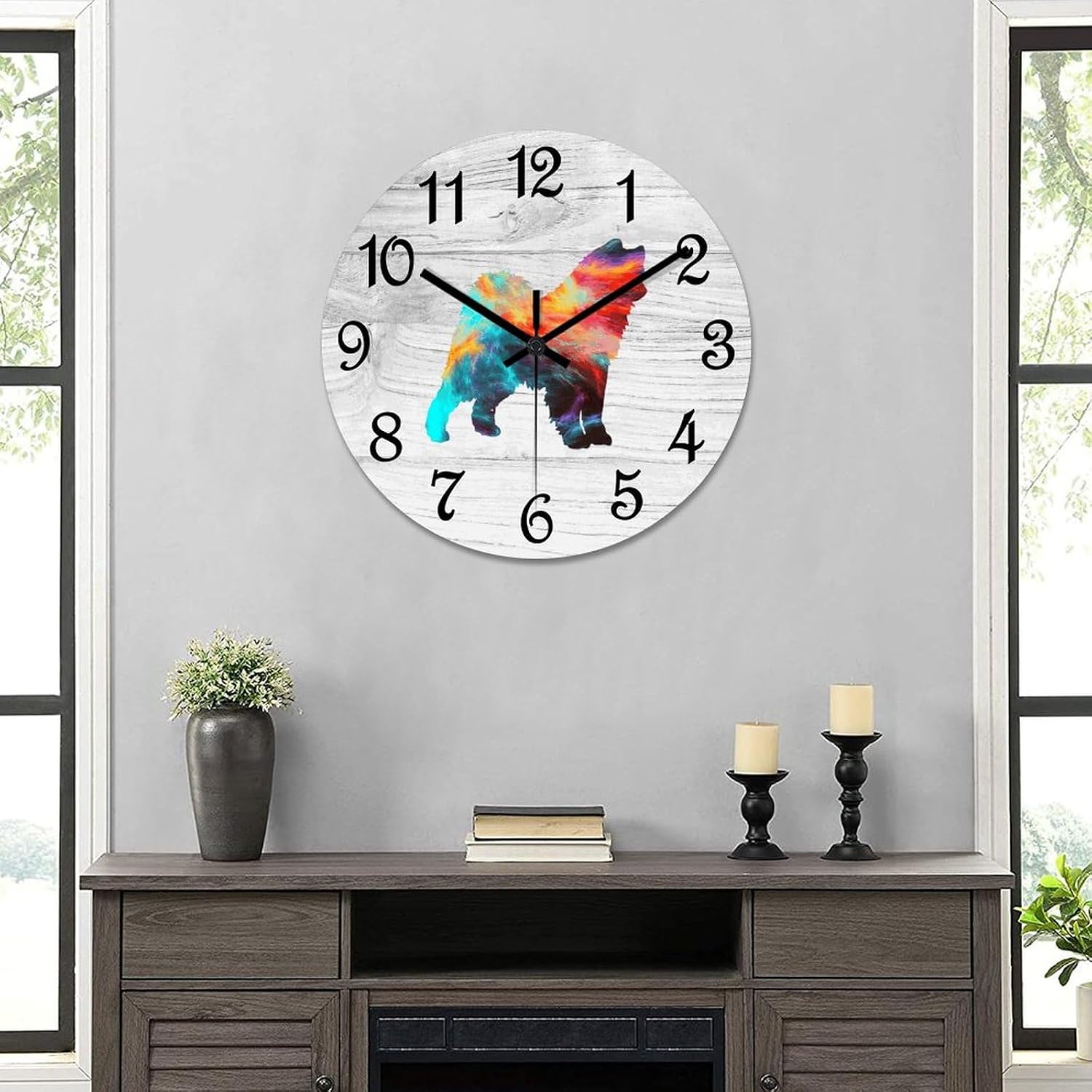 Samoyed Wall Clock Dog Lover Wooden Wall Clocks Battery Operated 15 Inch Non-Ticking Retro Cabin Wall Decor for Kitchen Bedroom Living Room Office