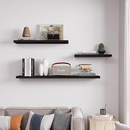 Miniatura 4 de Estantes flotantes de pared de madera maciza, almacenamiento para dormitorio, sala de estar, juego de 3, estantes de pared negros rústicos