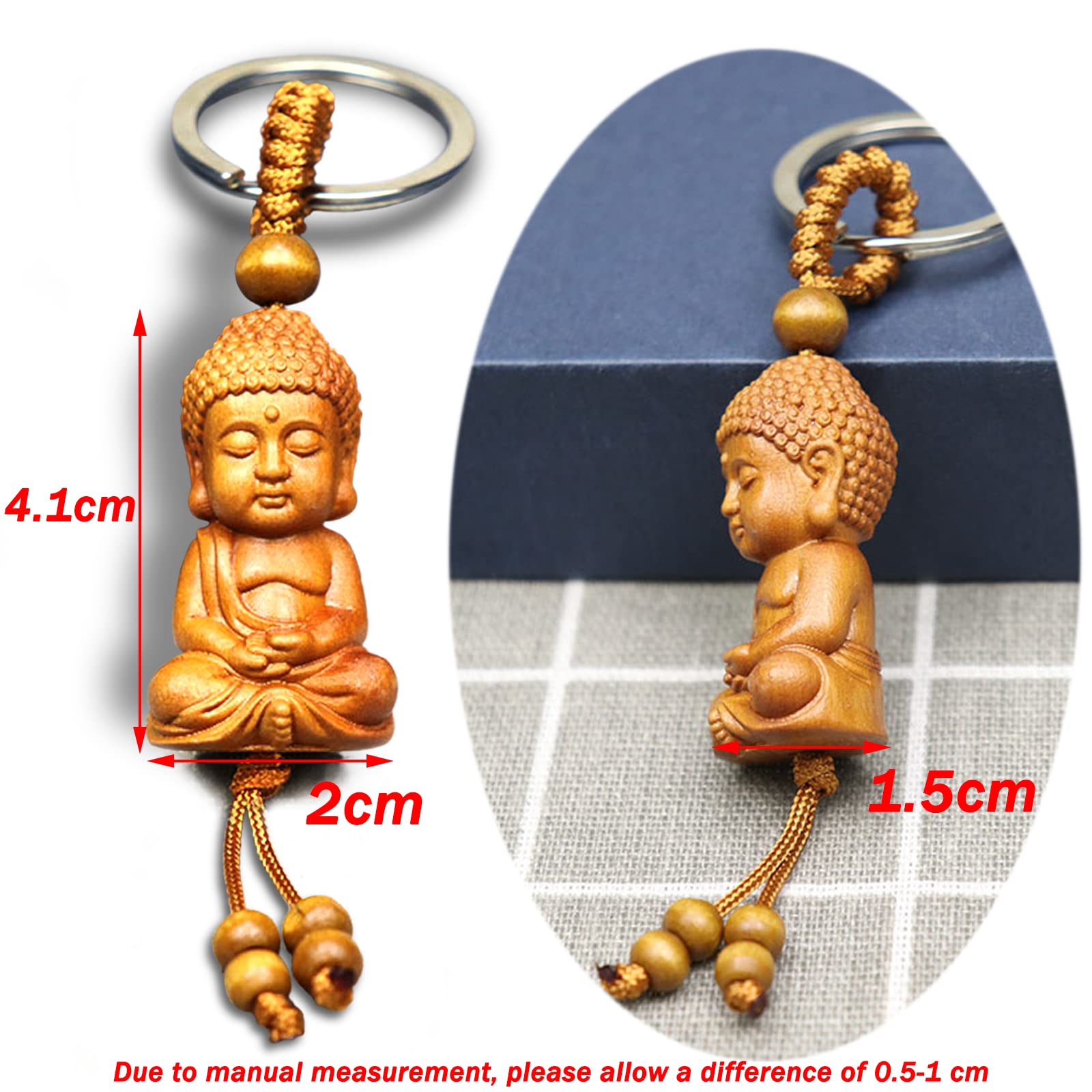 behone 2 pezzi portachiavi Buddha in legno buddismo portachiavi mini buddha portafortuna, adatto per il regalo portafortuna, ciondolo auto fai da te