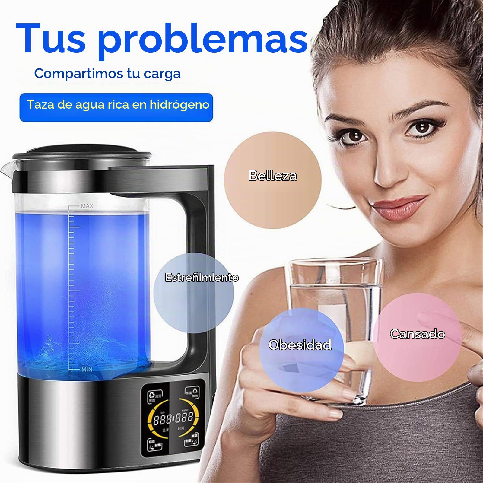 Jarra de Agua de hidrógeno de Gran Capacidad de 2 litros, generador de Agua de hidrógeno de 1500 PPB, tecnología SPE y PEM, Limpieza Inteligente y Calentamiento a Temperatura Constante