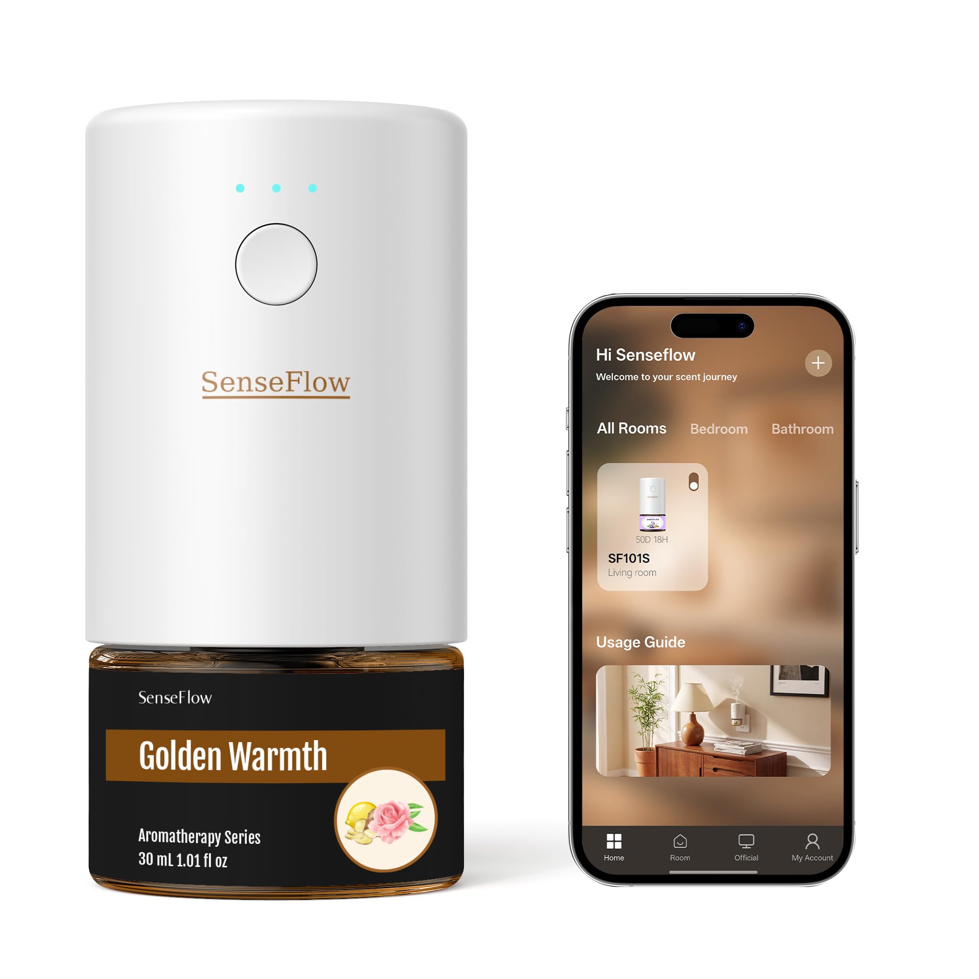 Aroma Diffuser für Ätherische Öle Smart WiFi SF101S Pro, Wasserloser Ultraschall Duftstecker Raumduft, 100% pflanzlich Lufterfrischer, 120 Tage Aroma für Zuhause bis zu 100m² - Goldene Wärme
