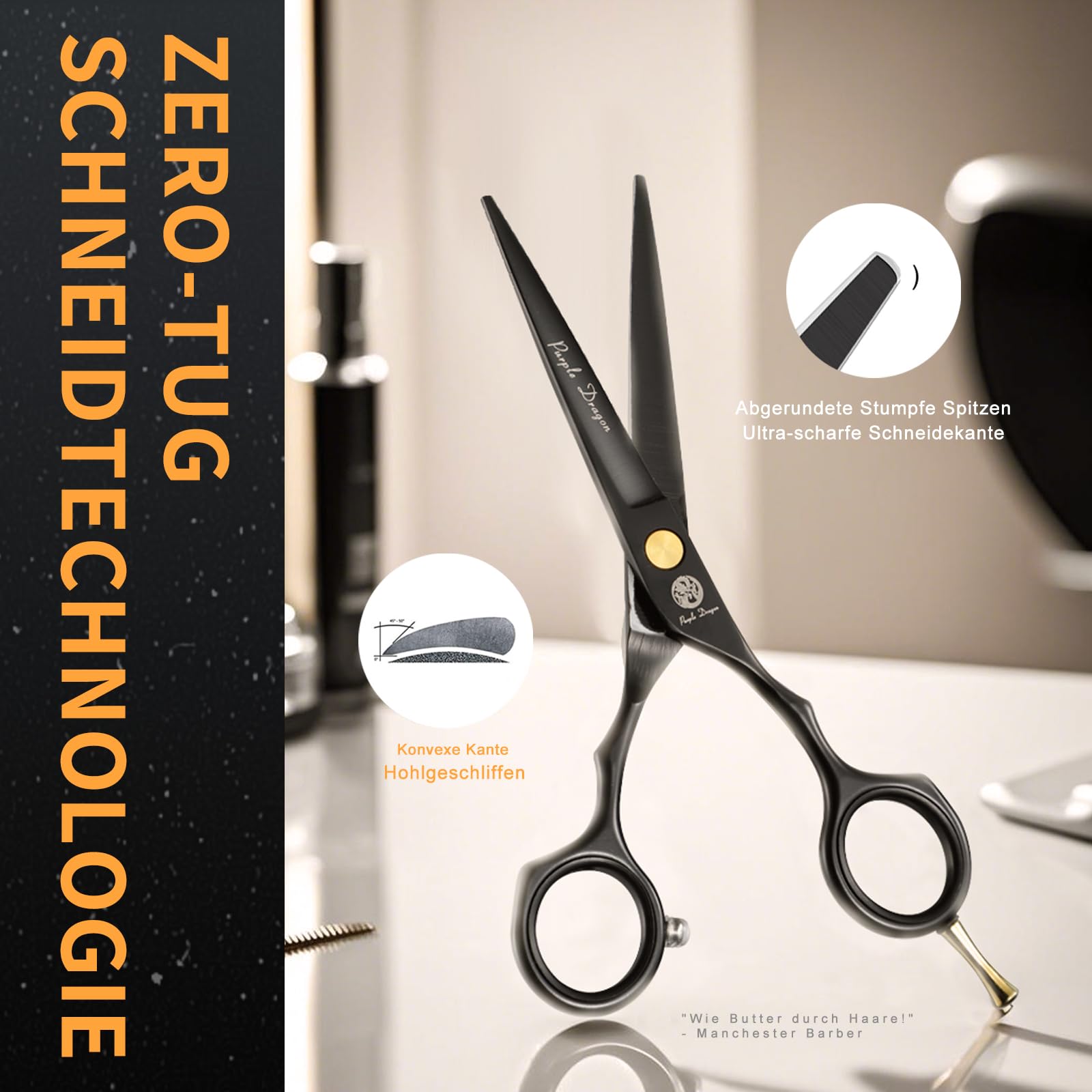 Purple Dragon Haarschere 5,5 Zoll Profi Friseurschere Set scharfe Schere für Friseur Barbier Anfänger Schwarz
