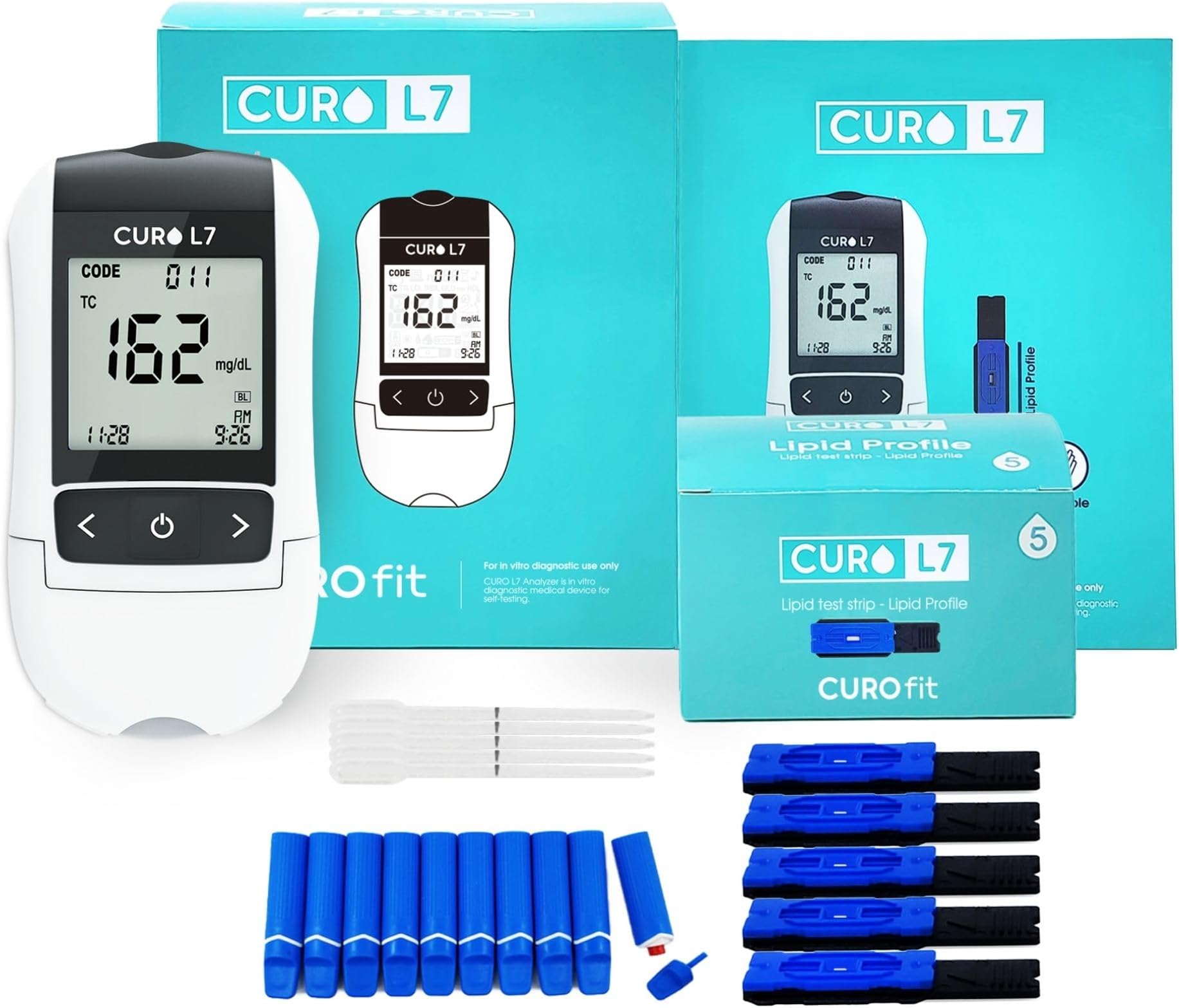 CURO L7 - Professional Home Cholesterol Testing with Lipid Blood Test Kit - Easy to Use, Accurate Results, Comprehensive Breakdown, Memory Storage, and Exceptional Support