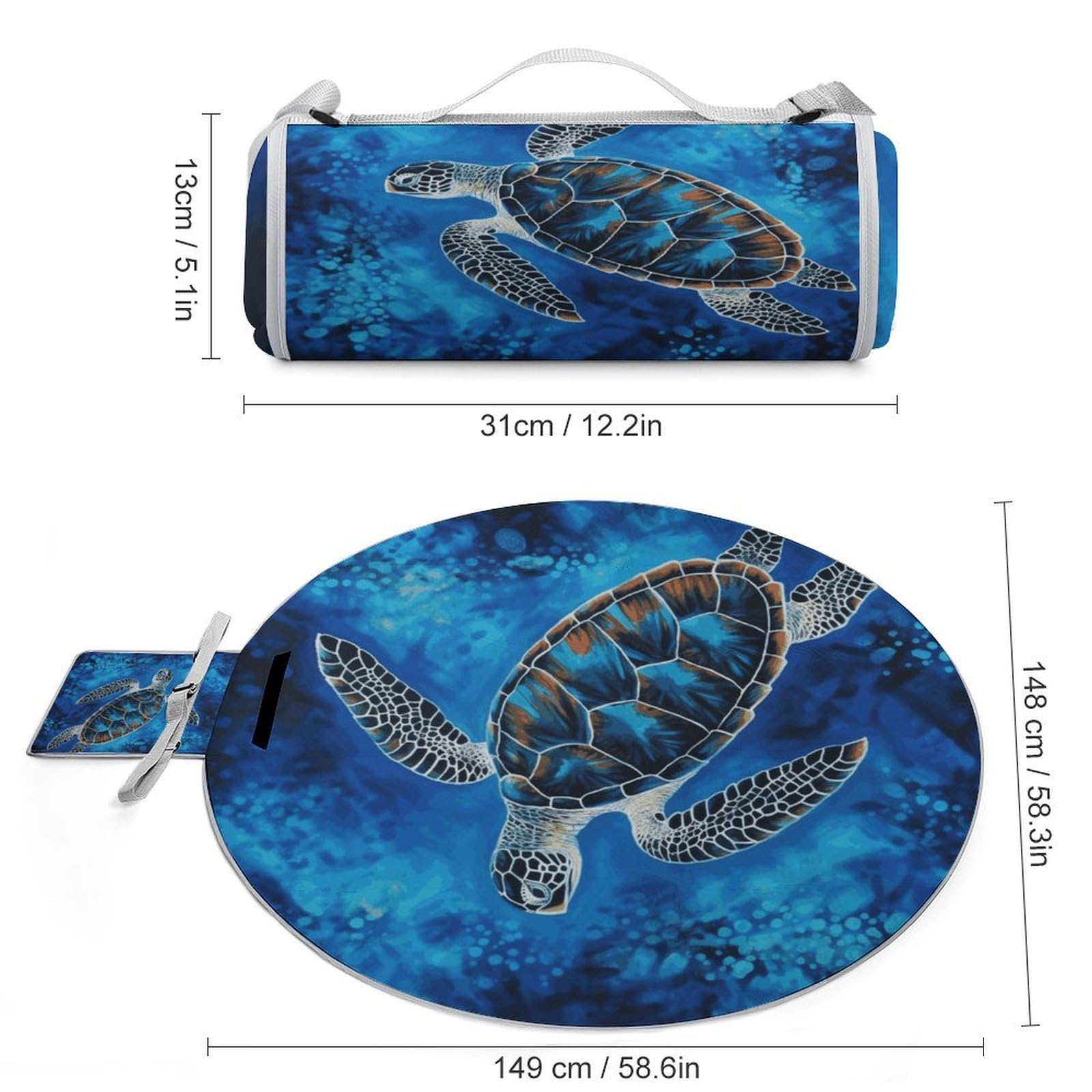 Manta de picnic redonda plegable ligera con diseño de tortuga marina, impermeable, para exteriores, para primavera, verano, camping, parque, viajes, hierba