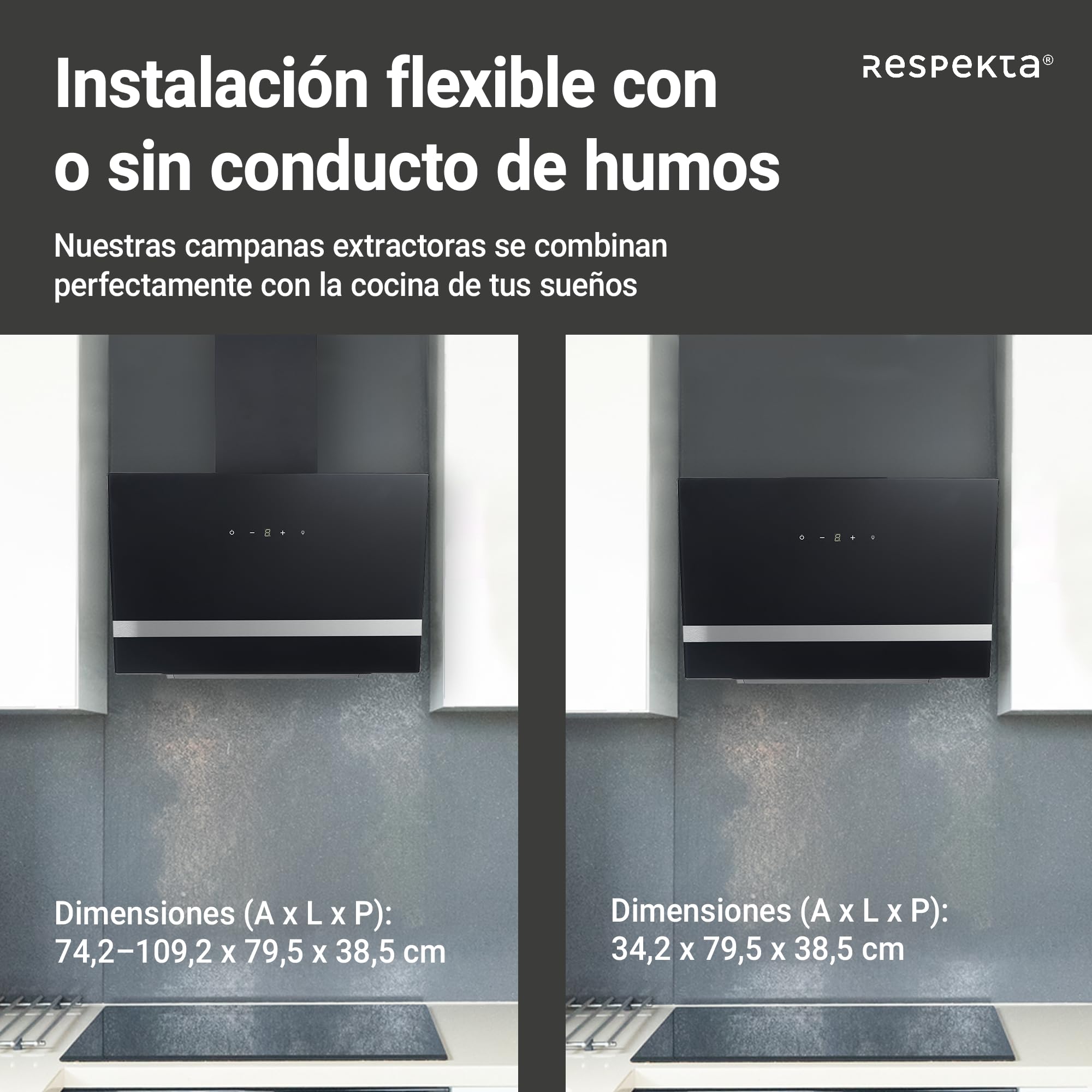 Respekta Campana extractora/caperuza inclinada de 80 cm/carcasa metálica/con pantalla de vidrio en negro/función de extracción y recirculación de aire / CH24080SM / A / 65-70 dB