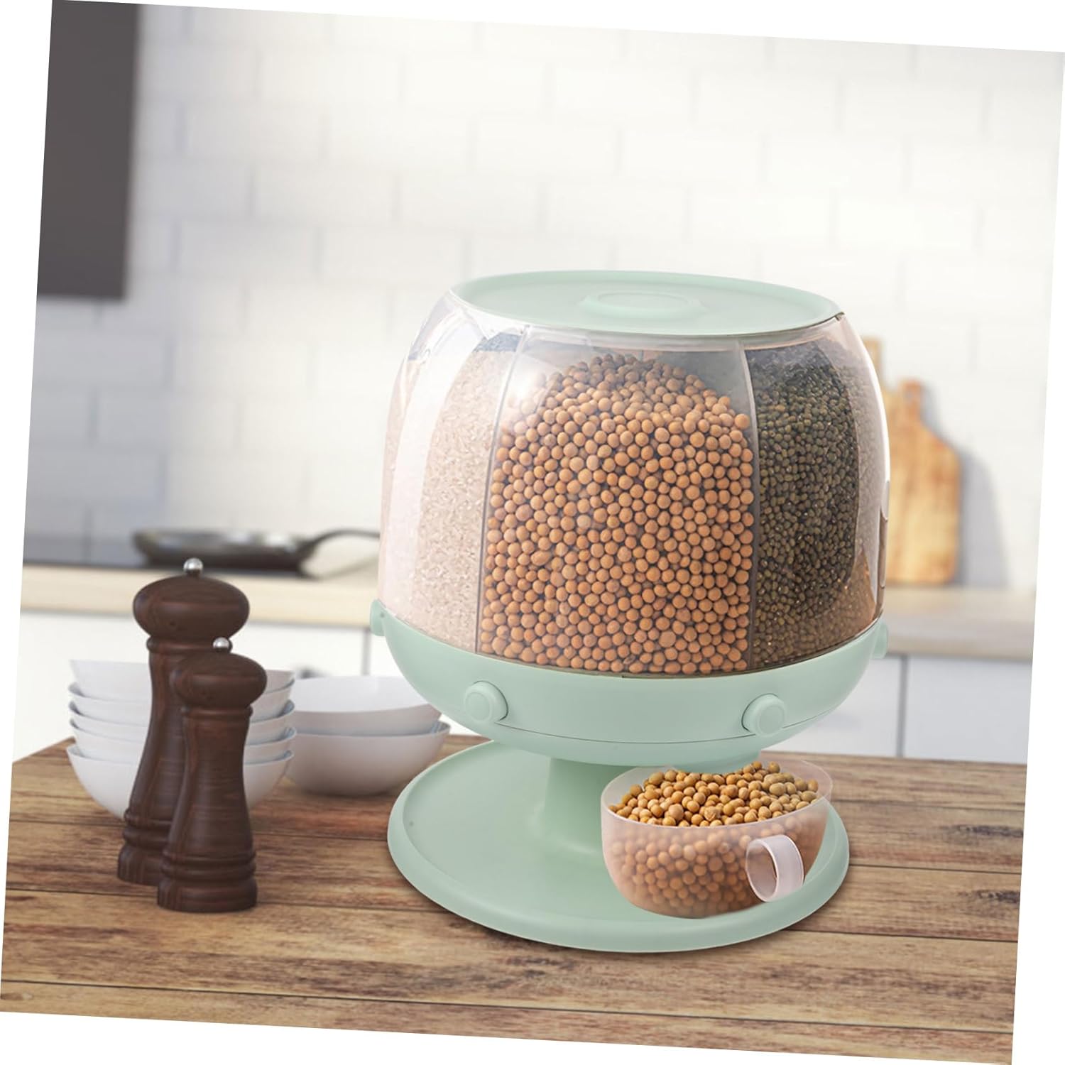 Rotating Rice Dispenser Ergonomic Food Container Airtight Cereal Storage Holder for Kitchen Design for Rice Beans Grains and More