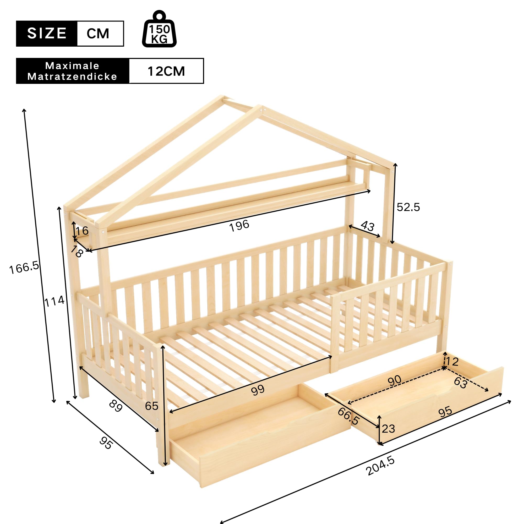 Moimhear Lettino per bambini in legno di colore legno, 90 x 200 cm, con cassetti, in legno di pino, per la casa dei bambini e dei ragazzi, colore naturale