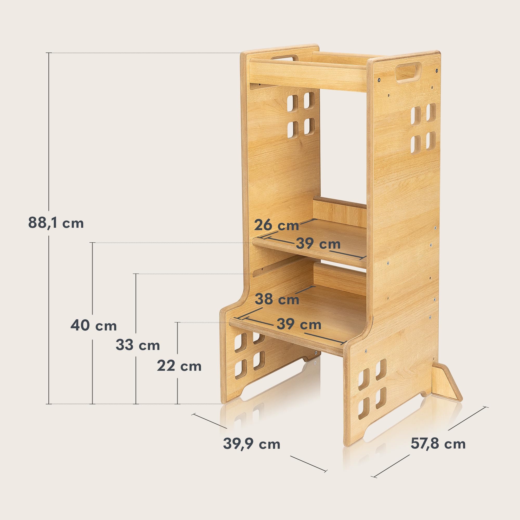 LIONELO CASS Kitchen Helper 2w1 Wieża Edukacyjna Montessori Od 1 Roku Regulacja Wysokości Barierka Ochronna Stabilny Stołek Do Kuchni Pólka na Książki Biblioteczka Do 30 Kg