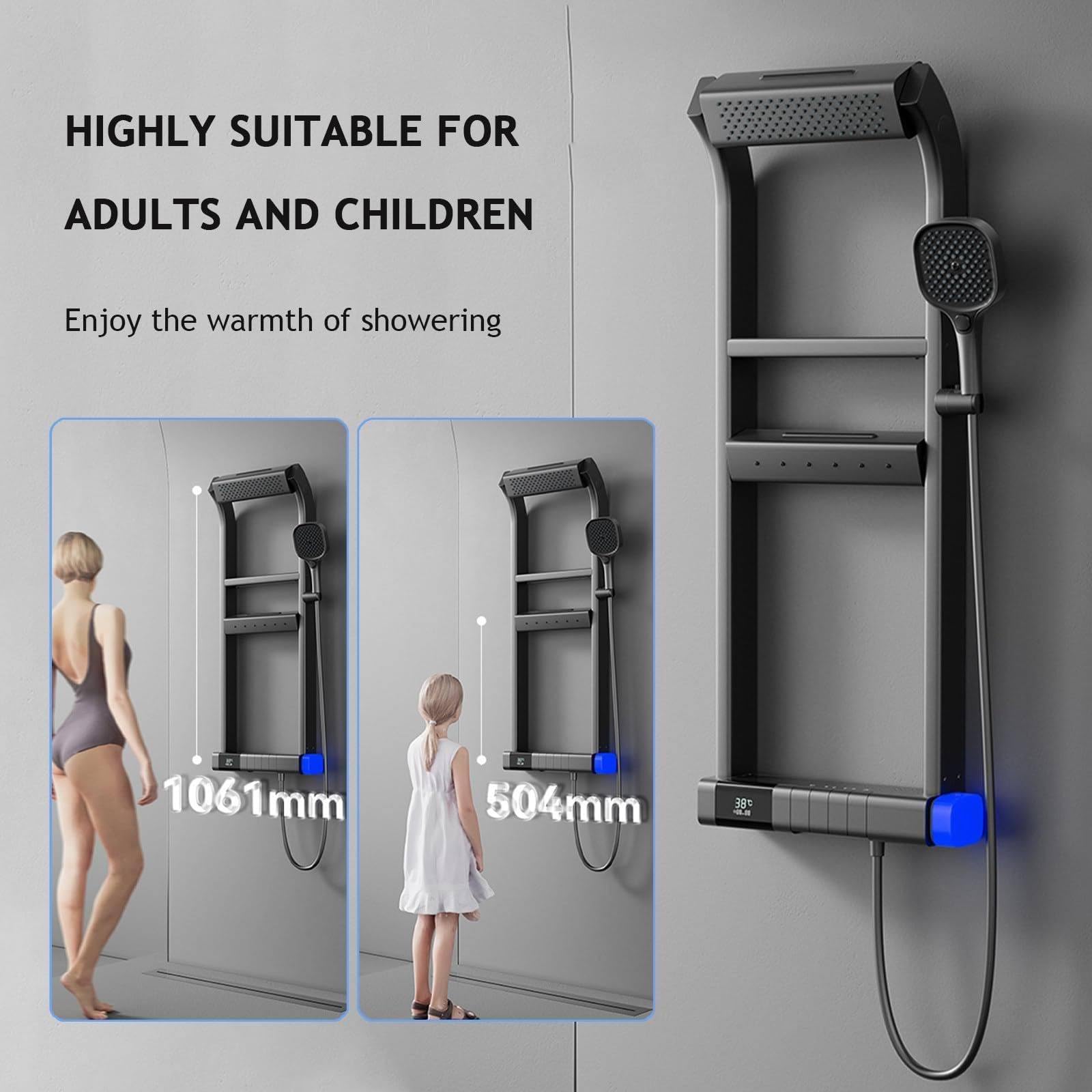 Set Miscelatore Doccia con Display Digitale a LED, soffione a Pioggia e soffione Portatile, Pannello di Controllo per Bagno, mensola a Torre per ristrutturazioni Moderne