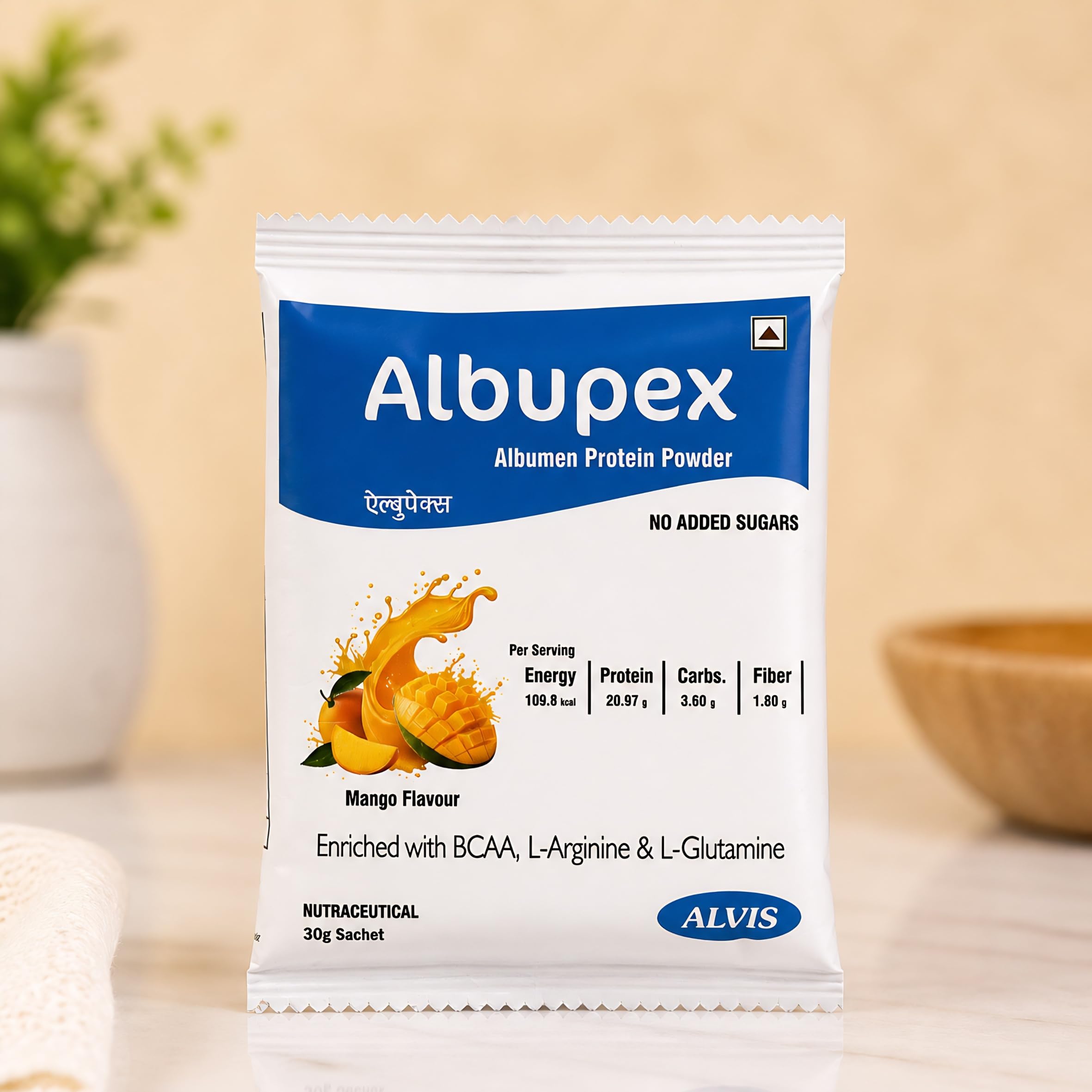 Albupex Albumen Protein Powder Sachet 30g | 20.97g High Biological Value Egg White Protein | BCAA, L-Arginine & L-Glutamine | Mango Flavour — Amazon image 6