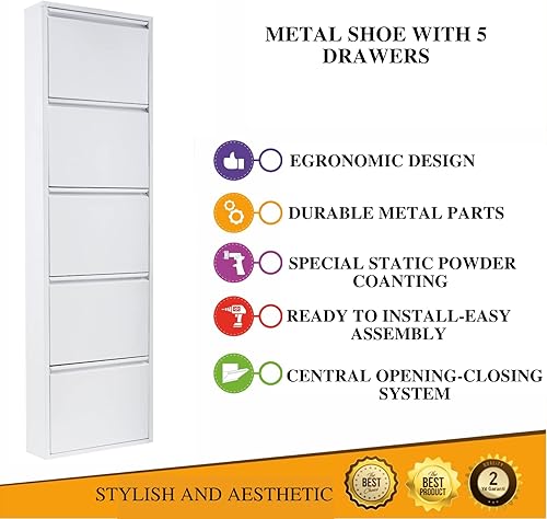 Miniatura 5 de Zapatero con cajón abatible, organizador de almacenamiento, zapatero independiente, montado en la pared, sin montaje (blanco, 5 cajones)
