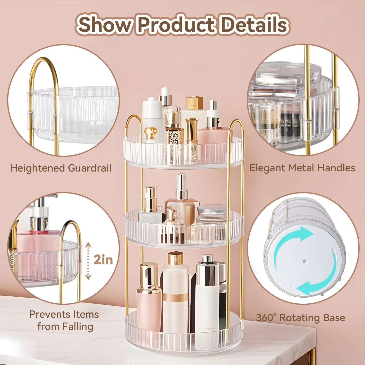 360° Rotating Makeup Organizer for Vanity, 3 Tier Perfume Organizers Skincare Organizers and Storage for Bathroom Countertop, Spinning Cosmetic Organizer for Bedroom Dresser Counter (Clear) - Image 6