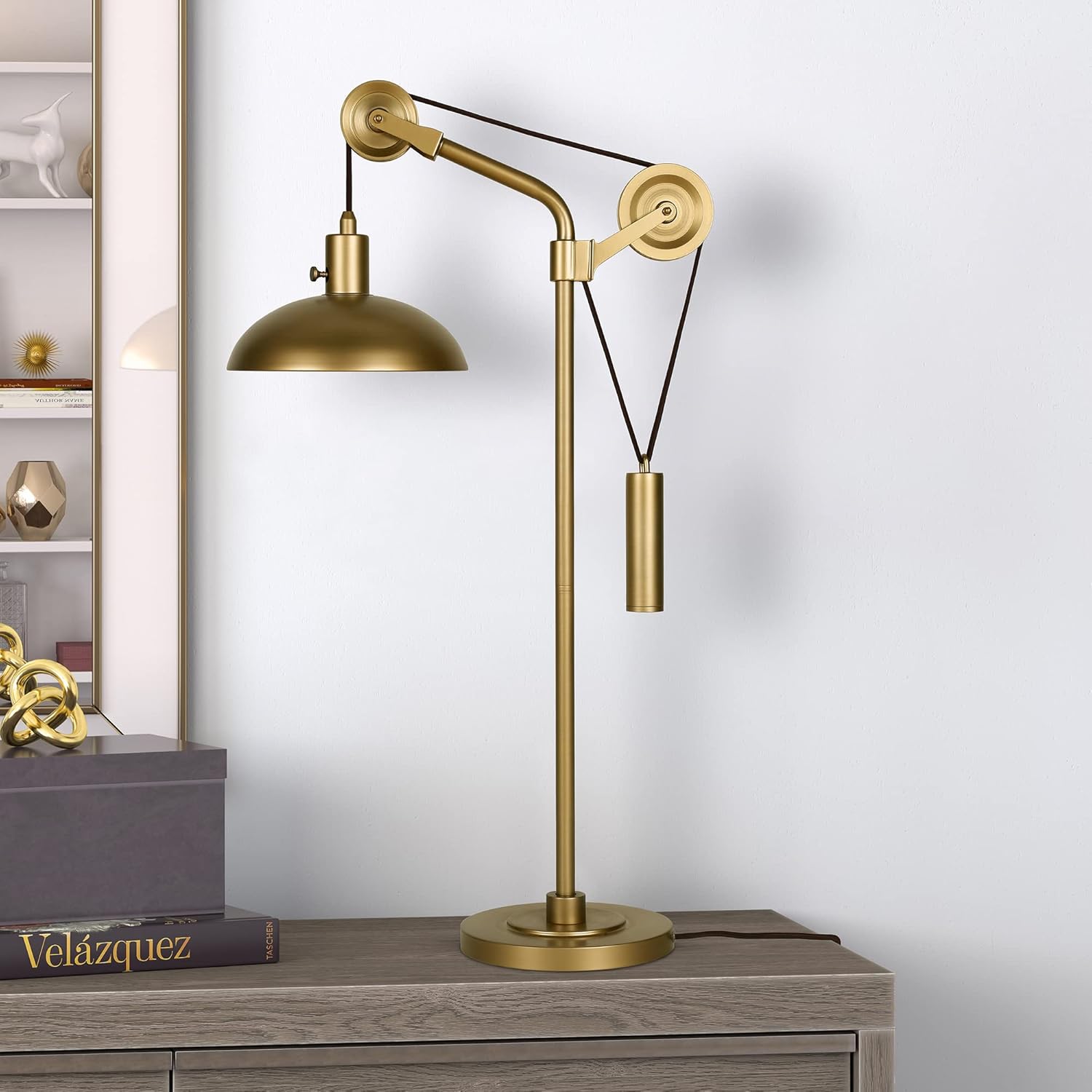 Henn&Hart 33.5" Tall Solid Wheel Pulley System Table Lamp with Metal Shade in Brass/Brass