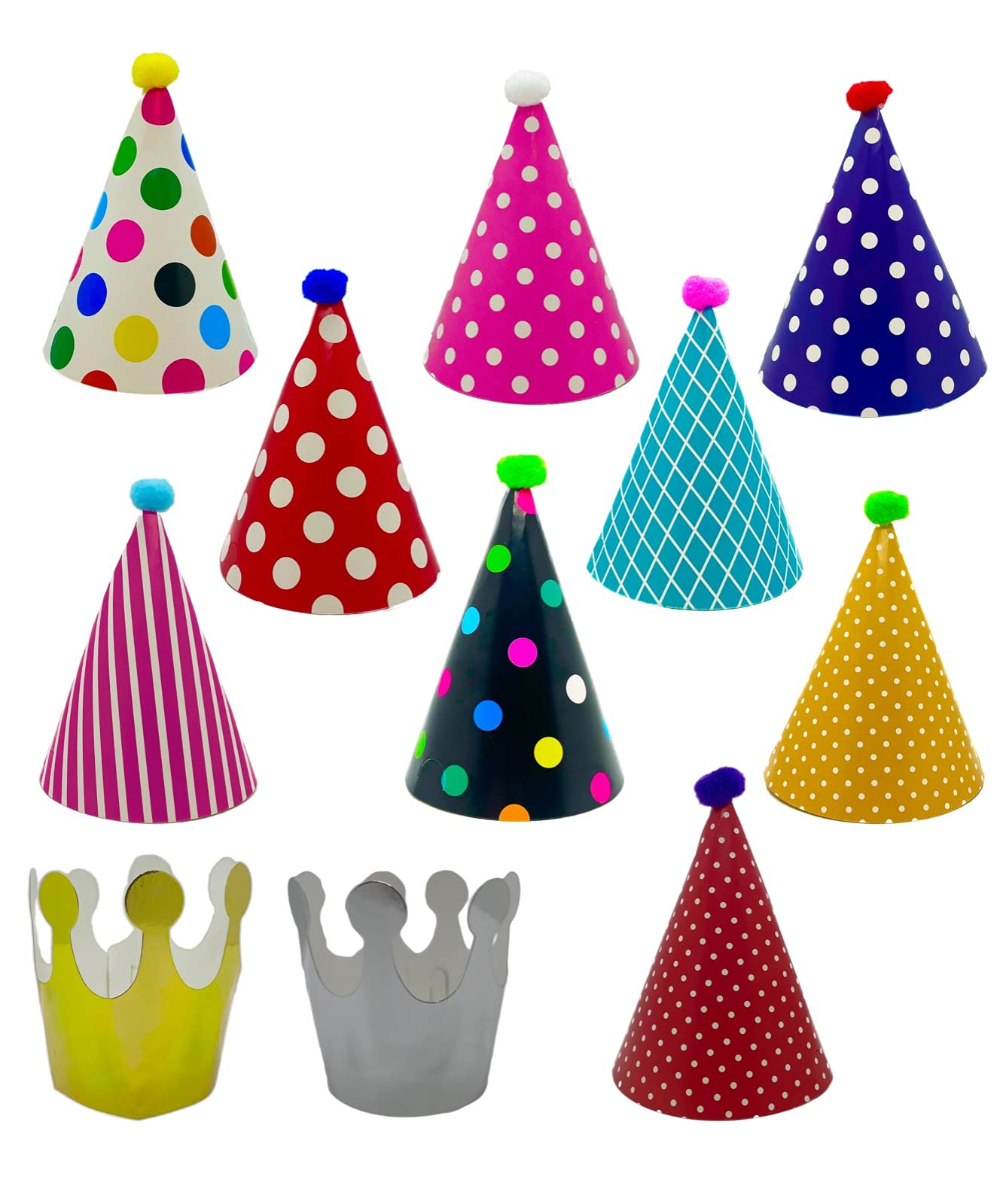 Prendi 11PCS Birthday Party Cone Hats With Pom Poms, Cake Cone Birthday Paper Hats,Party Crowns,For Children and Adults ( 9 hats and 2 crowns)