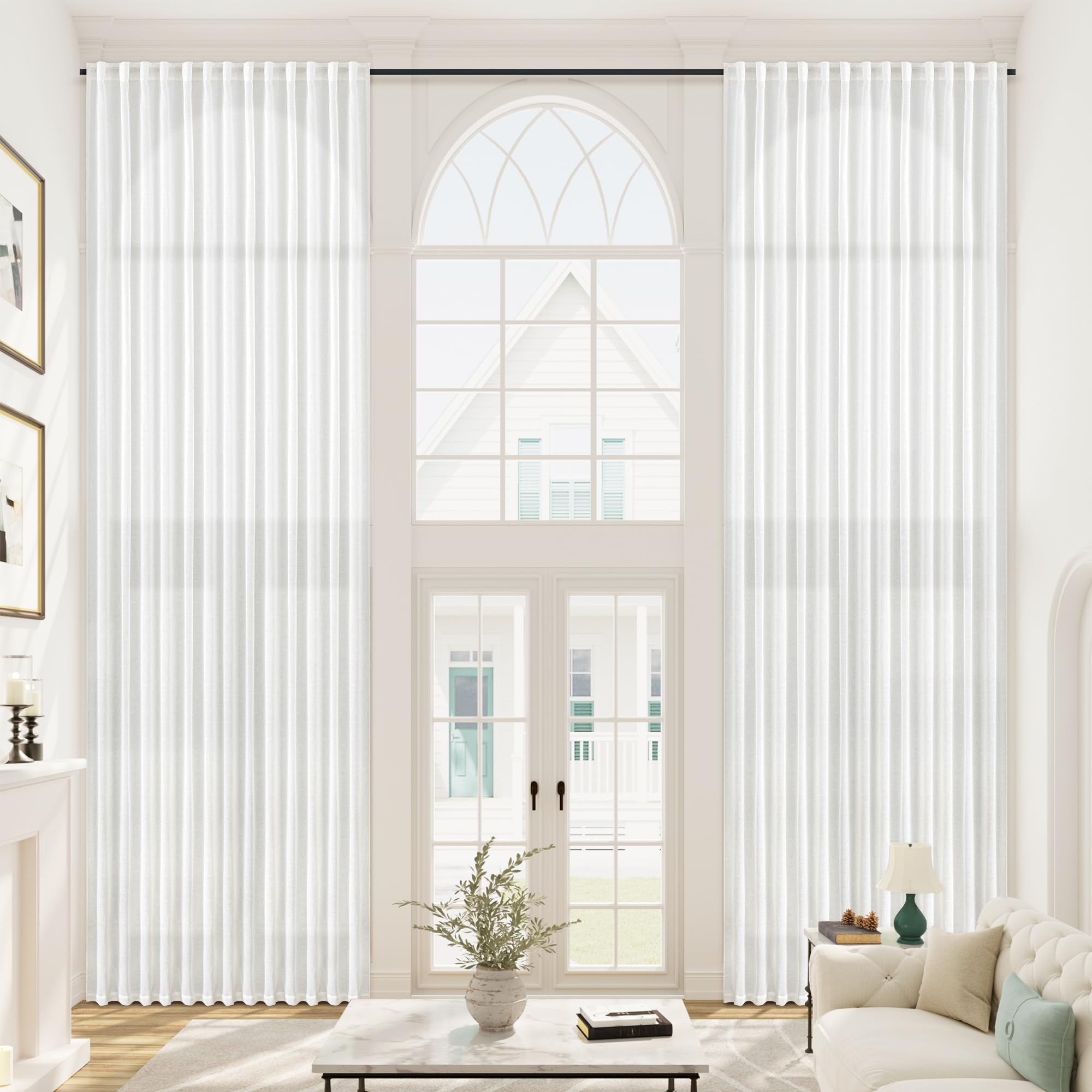 White Linen Sheer Extra Wide Curtains 132 Inches Long 100 Inch Wide for Living Dining Room Privacy Light Filtering Back Tab Custom Curtain 132 Inch Length for Sliding Door Bedroom(1 Panel, W100xL132)