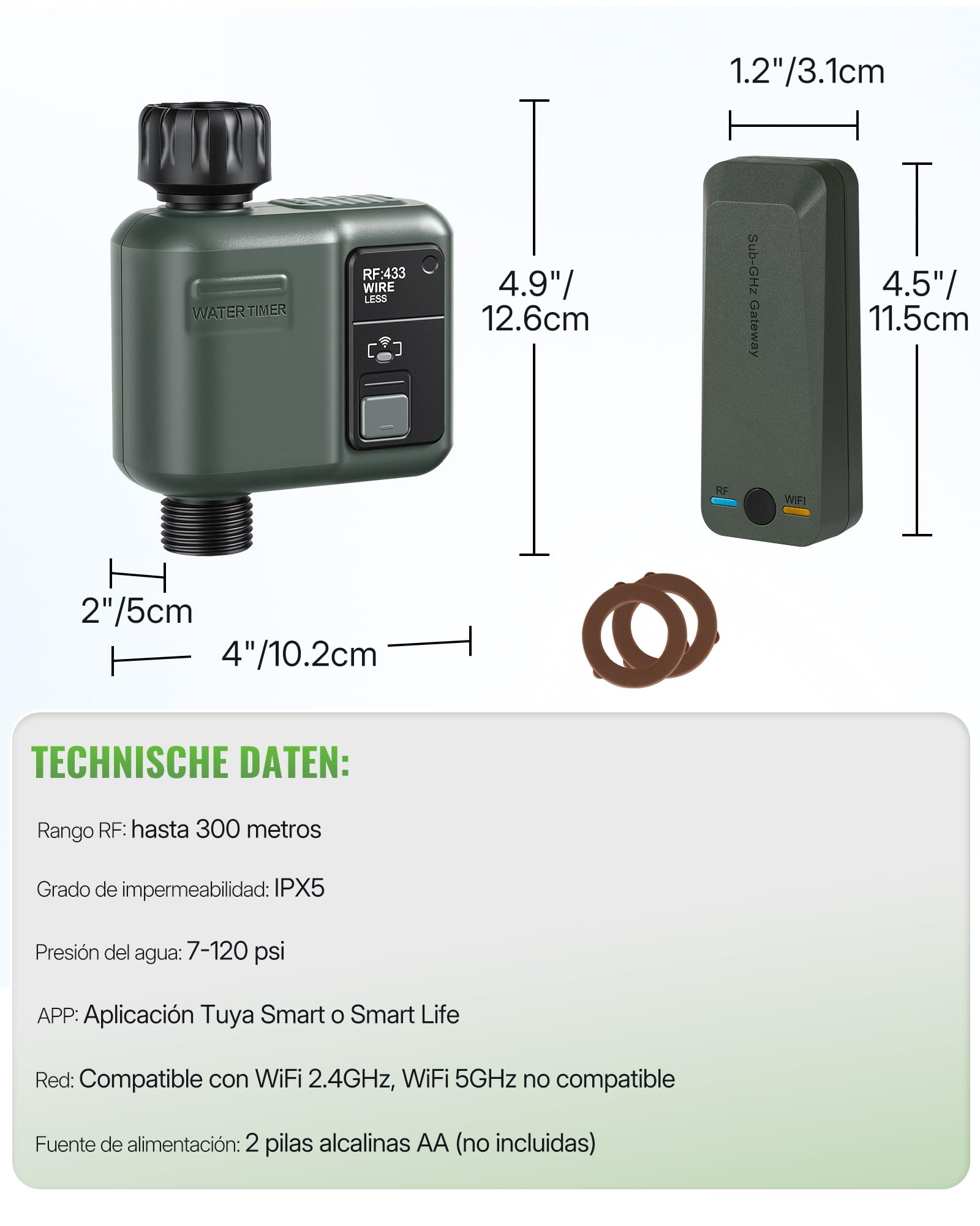 Ordenador de Riego WiFi, Temporizador de Manguera, Programador de Aspersores, Riego Inteligente, Modo Automático y Manual, Alcance 300 m, para Jardín, Césped, Terraza, Verde Oscuro ZD31WTD06