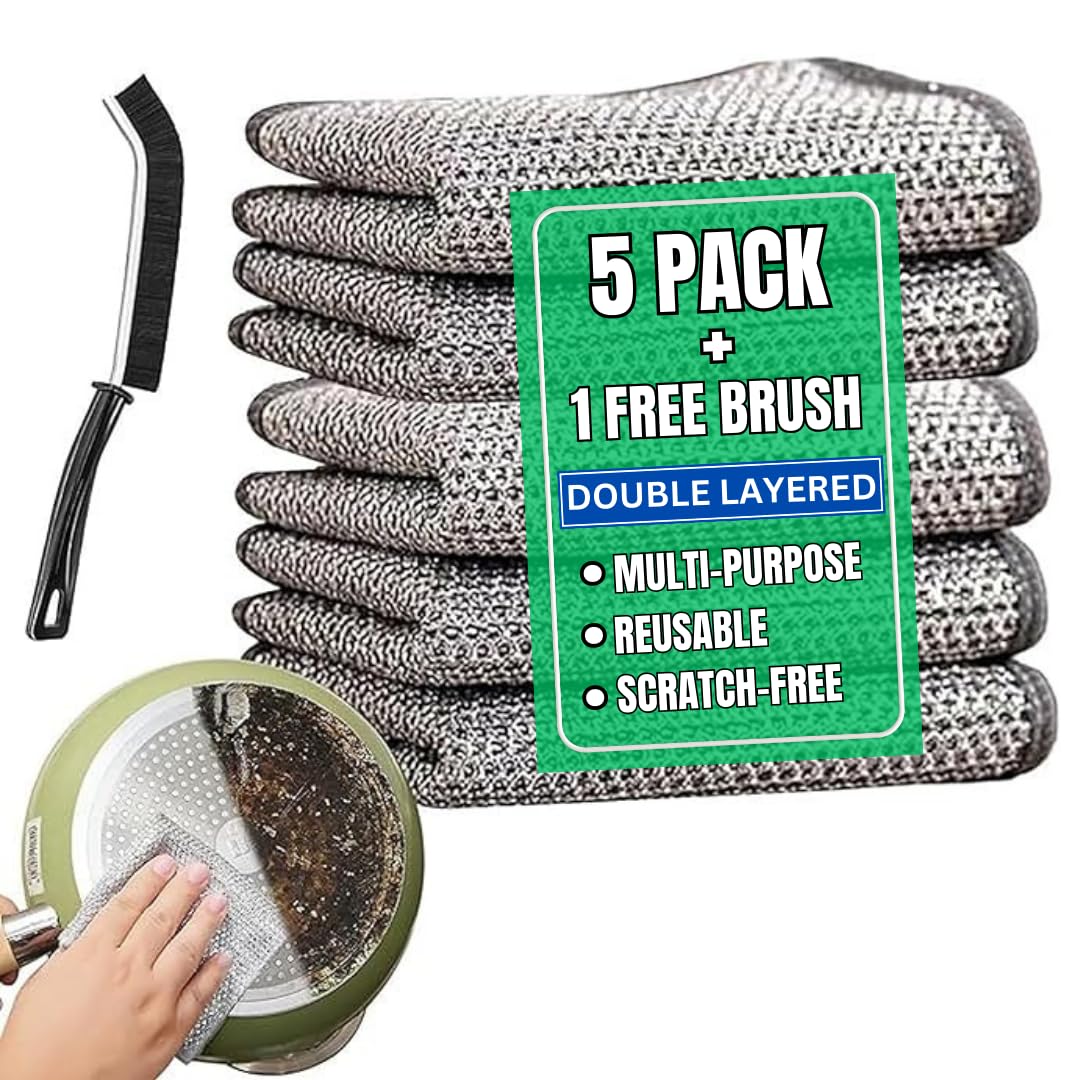 Non-Scratch Wire Dish Wash Cloth, (5Pack+1Brush) Utensils Cleaning Steel Scrubber for Kitchen, Kitchen & Bathroom Scrubber, Utensils & Vessel Wash, Cloth & Dish Scrubbers. (B0D44VLRCQ) Amazon Price History, Amazon Price Tracker