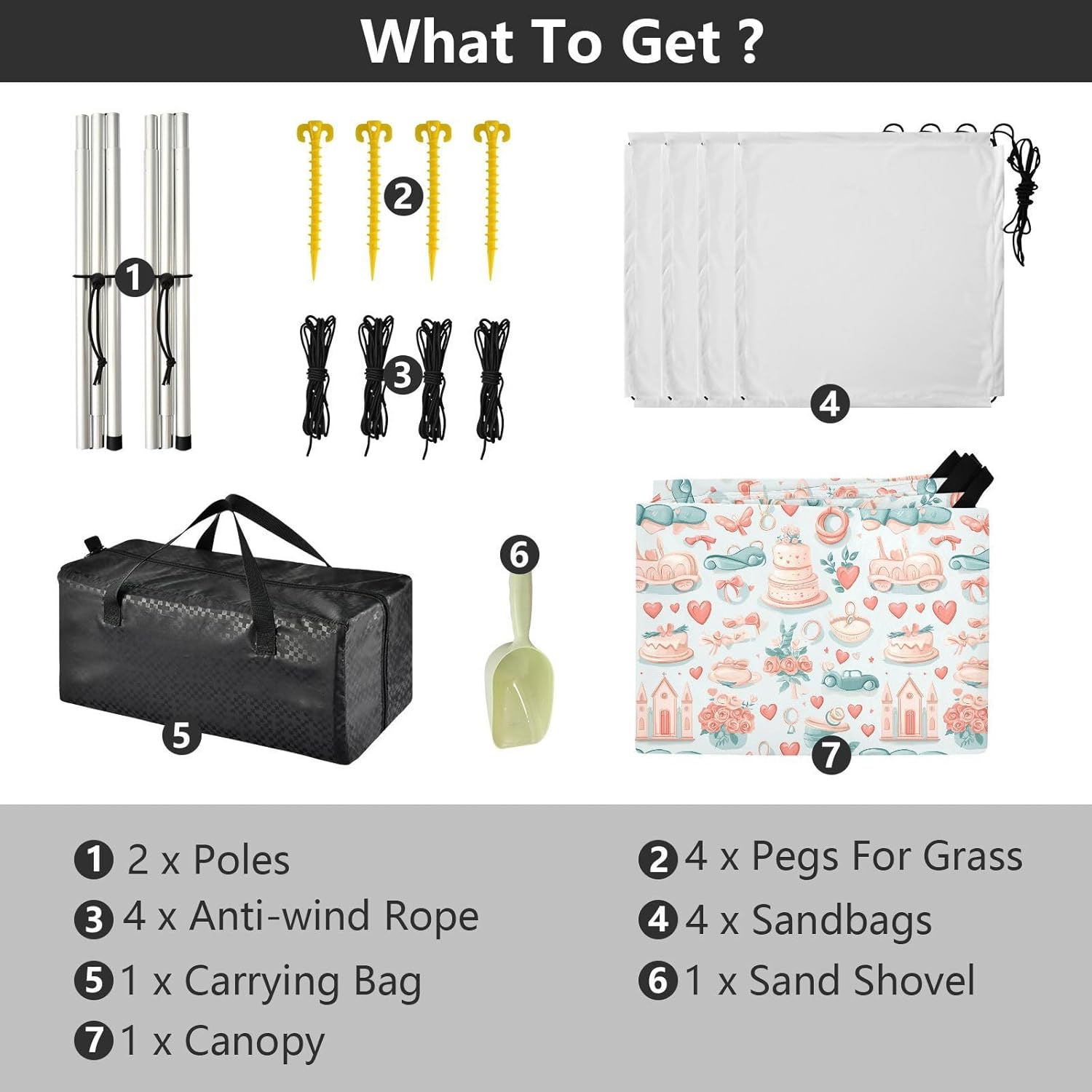 ALAZA Wedding Heart Cartoon Beach Tent Sun Shelter UPF50+ Protection Beach Shade Canopy w/ 4 Sandbags for Outdoor Camping, Fishing, Backyard Fun, Picnic, 10x9 ft