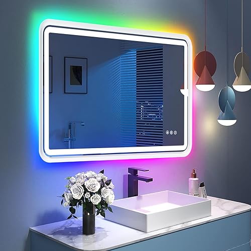 Miniatura 4 de ANDY STAR Espejo de baño iluminado de 28 x 36 pulgadas, espejo de baño LED RGB retroiluminado y frontal iluminado, regulable, memoria, antivaho, 3