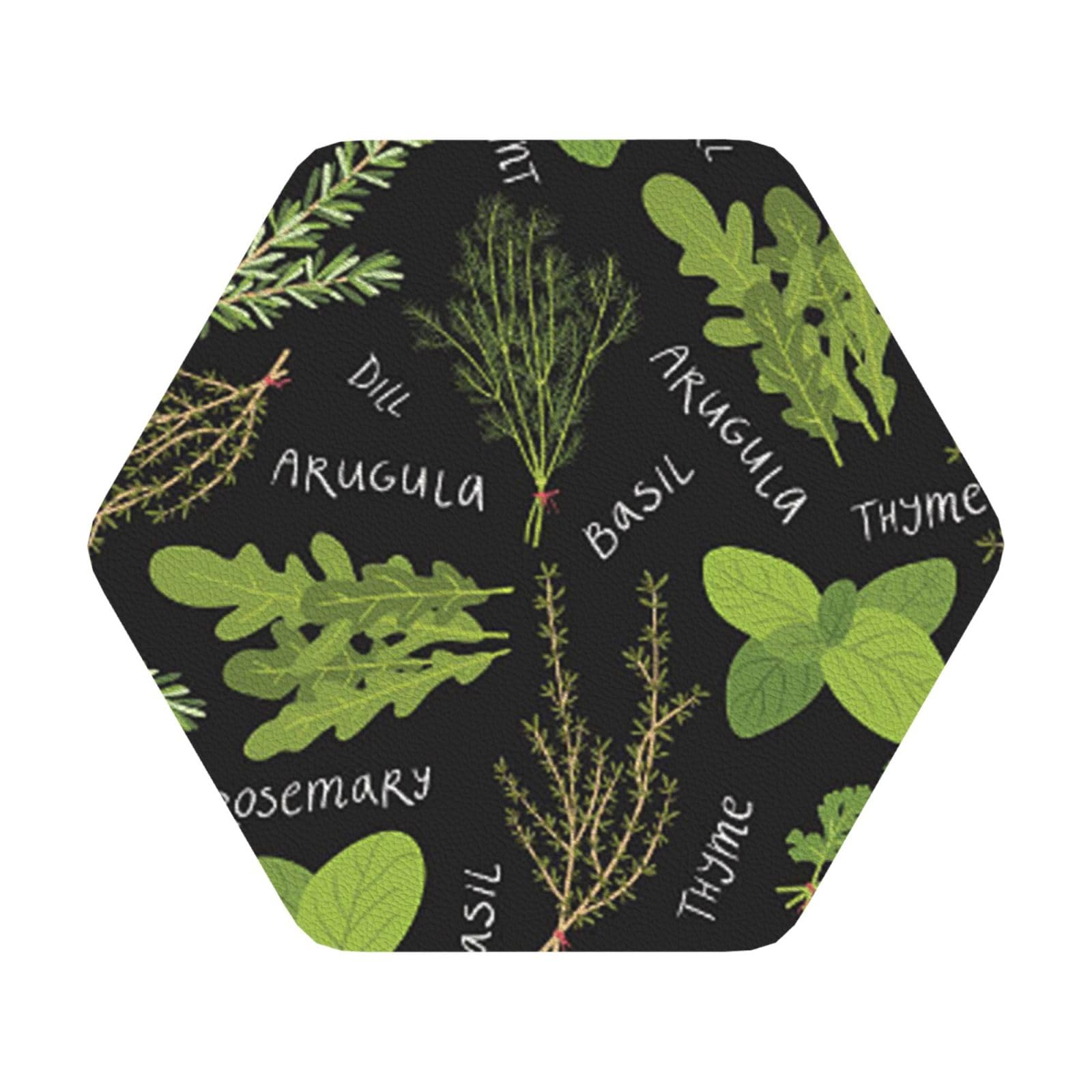Basil Thyme Dill & Rosemary PU Leather Coasters Set of 6 Hexagon Drink Coasters